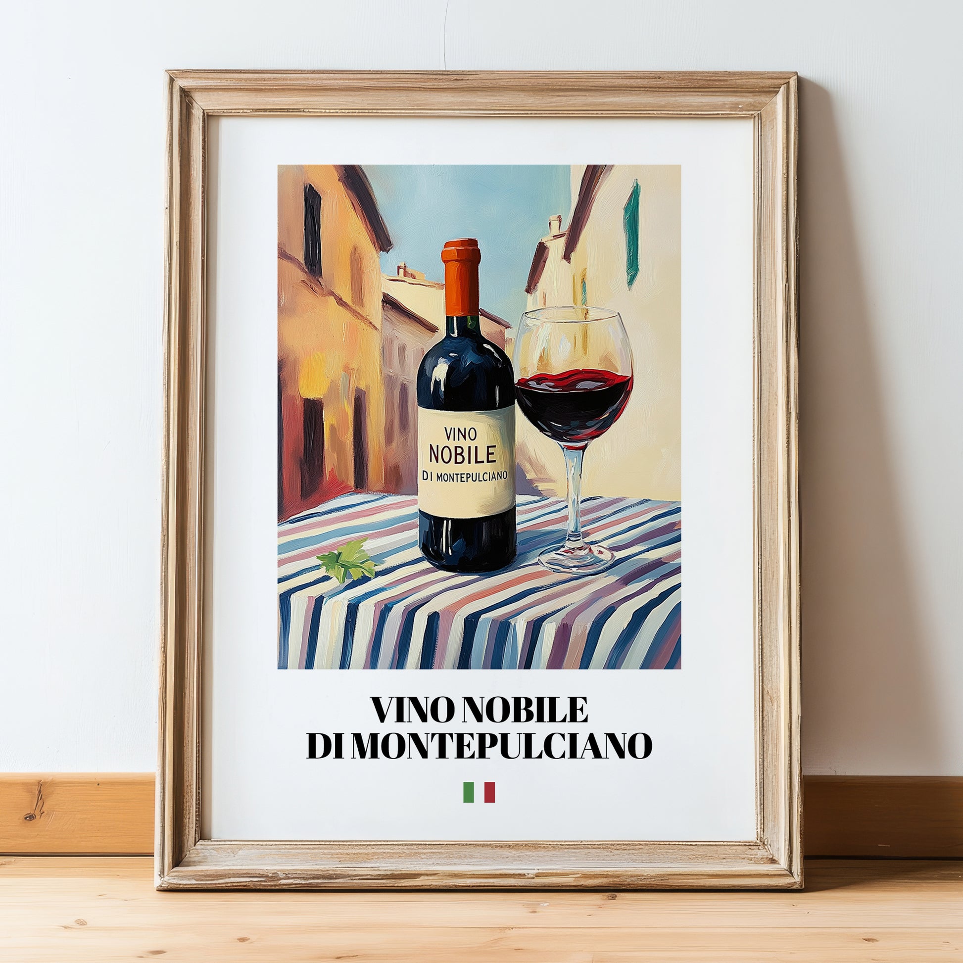 Vino Nobile di Montepulciano – Italian Red Wine, Vinoteca Print, in wooden frame leaning on the floor