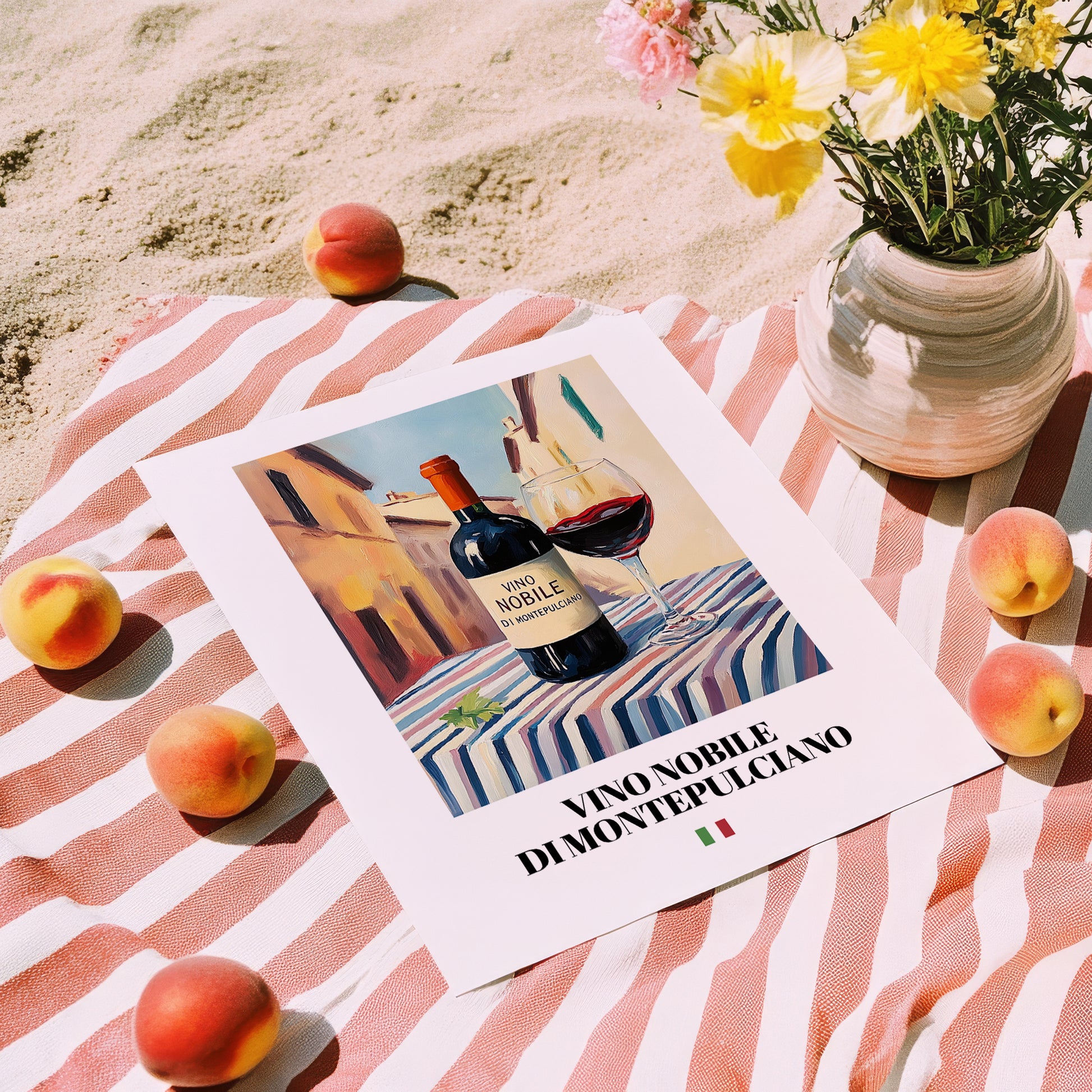 Vino Nobile di Montepulciano – Italian Red Wine, Vinoteca Print, unframed on coastal sand