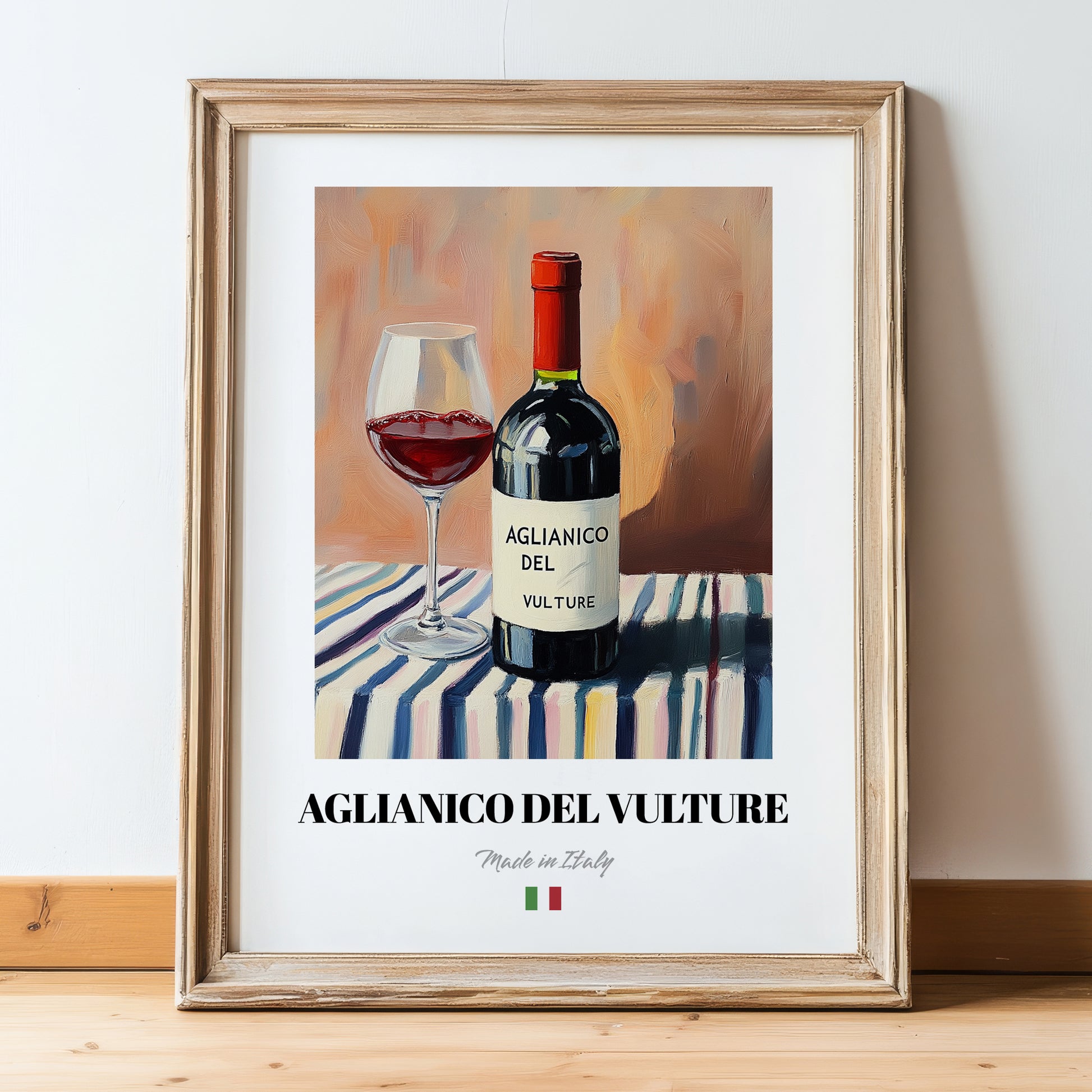 Aglianico del Vulture – Italian Red Wine, Bodega Wall Decor, in wooden frame leaning on the floor