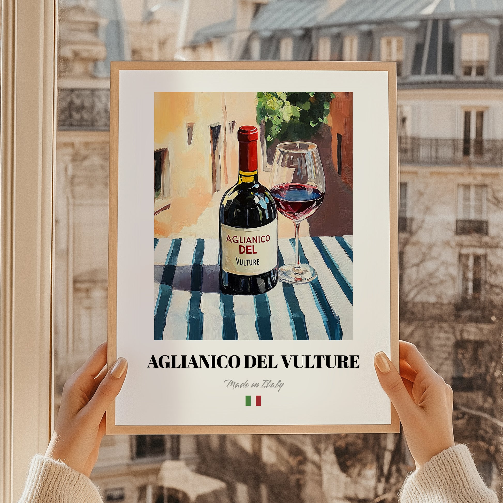 Aglianico del Vulture – Italian Red Wine, Vineyard Terrace Poster, styled in a charming Paris street view