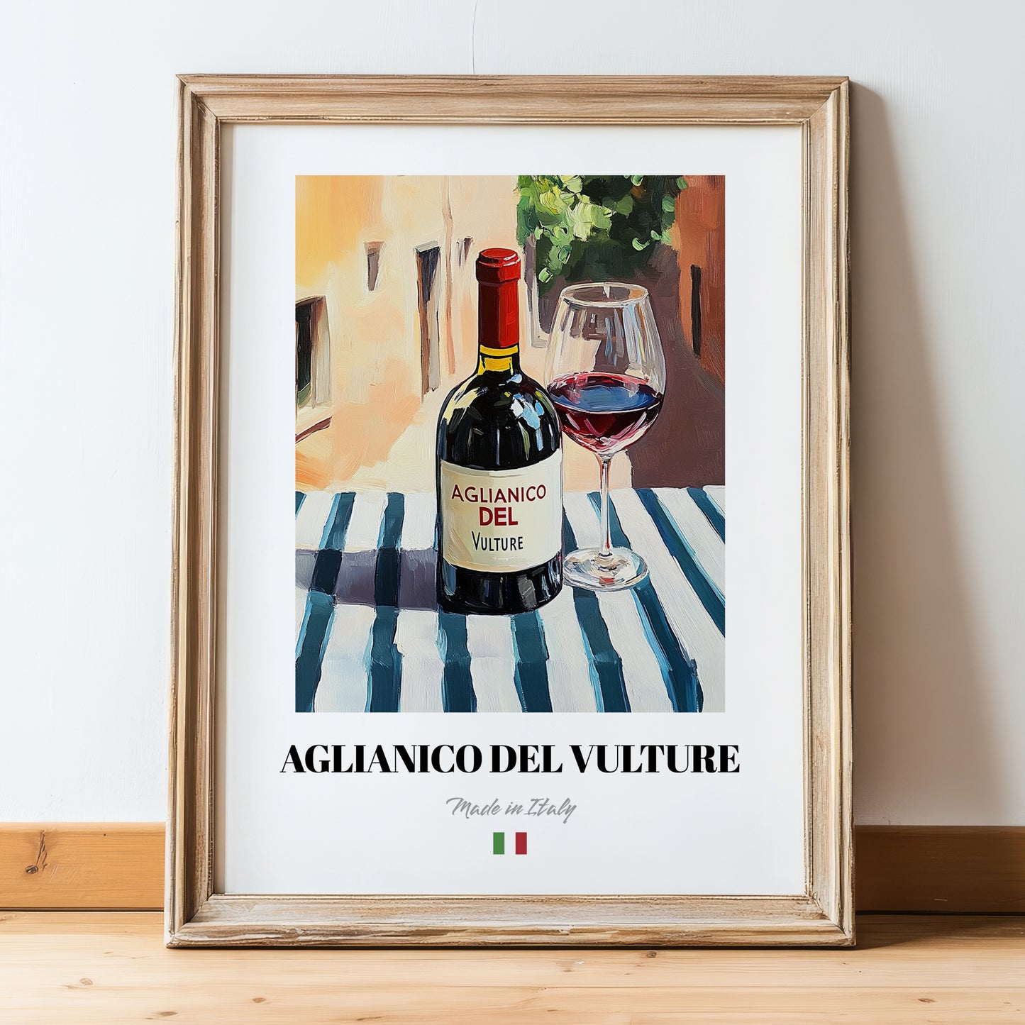 Aglianico del Vulture – Italian Red Wine, Vineyard Terrace Poster, in wooden frame leaning on the floor