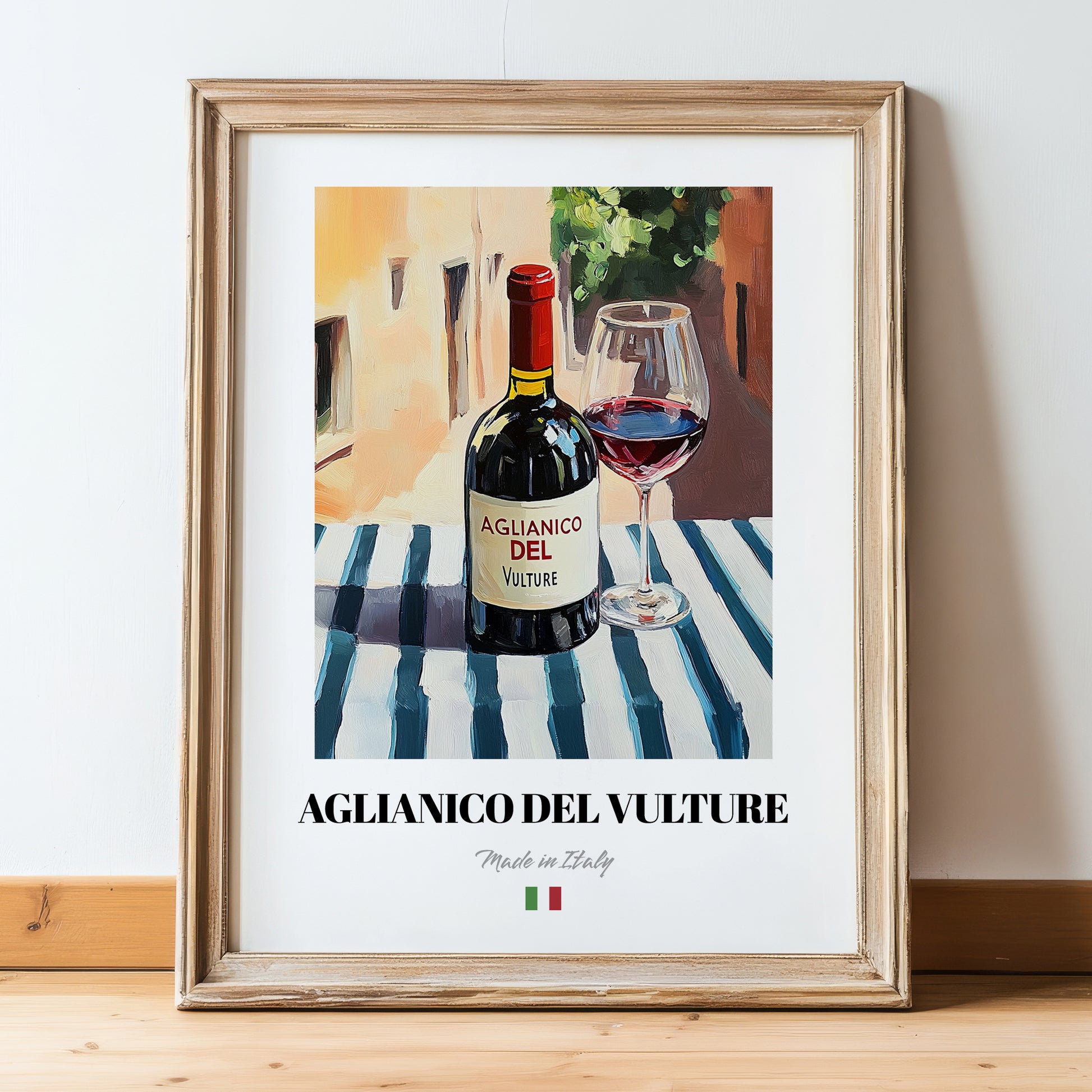 Aglianico del Vulture – Italian Red Wine, Vineyard Terrace Poster, in wooden frame leaning on the floor