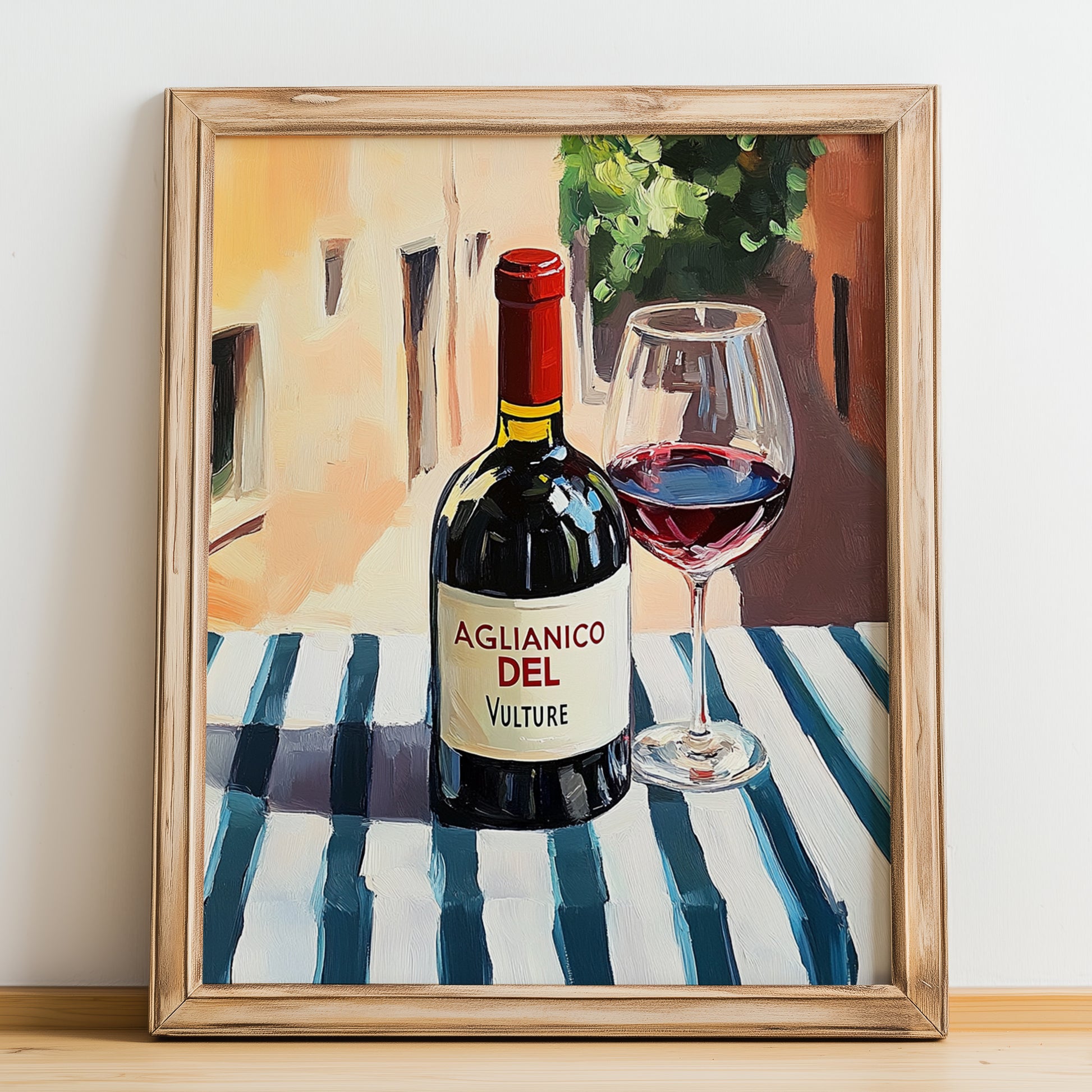 Aglianico del Vulture – Italian Red Wine, Vineyard Terrace Poster, no-text version framed in wood