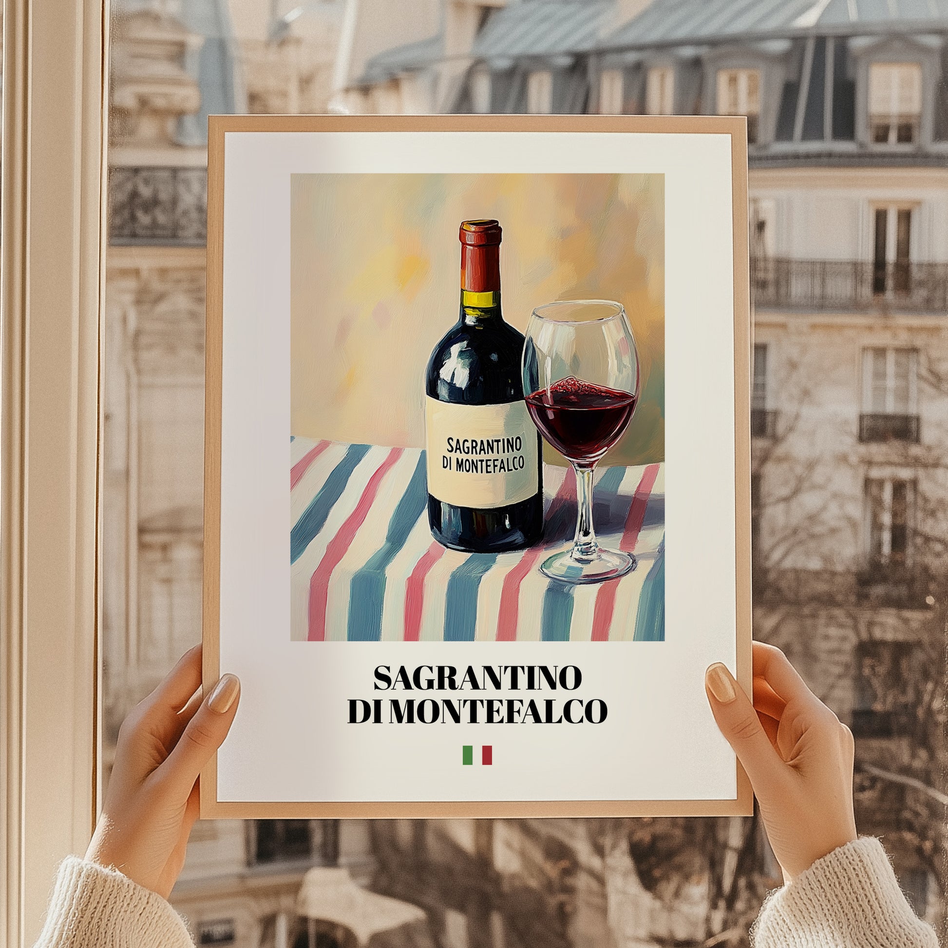 Sagrantino di Montefalco – Italian Red Wine, Wine Bar Poster, styled in a charming Paris street view