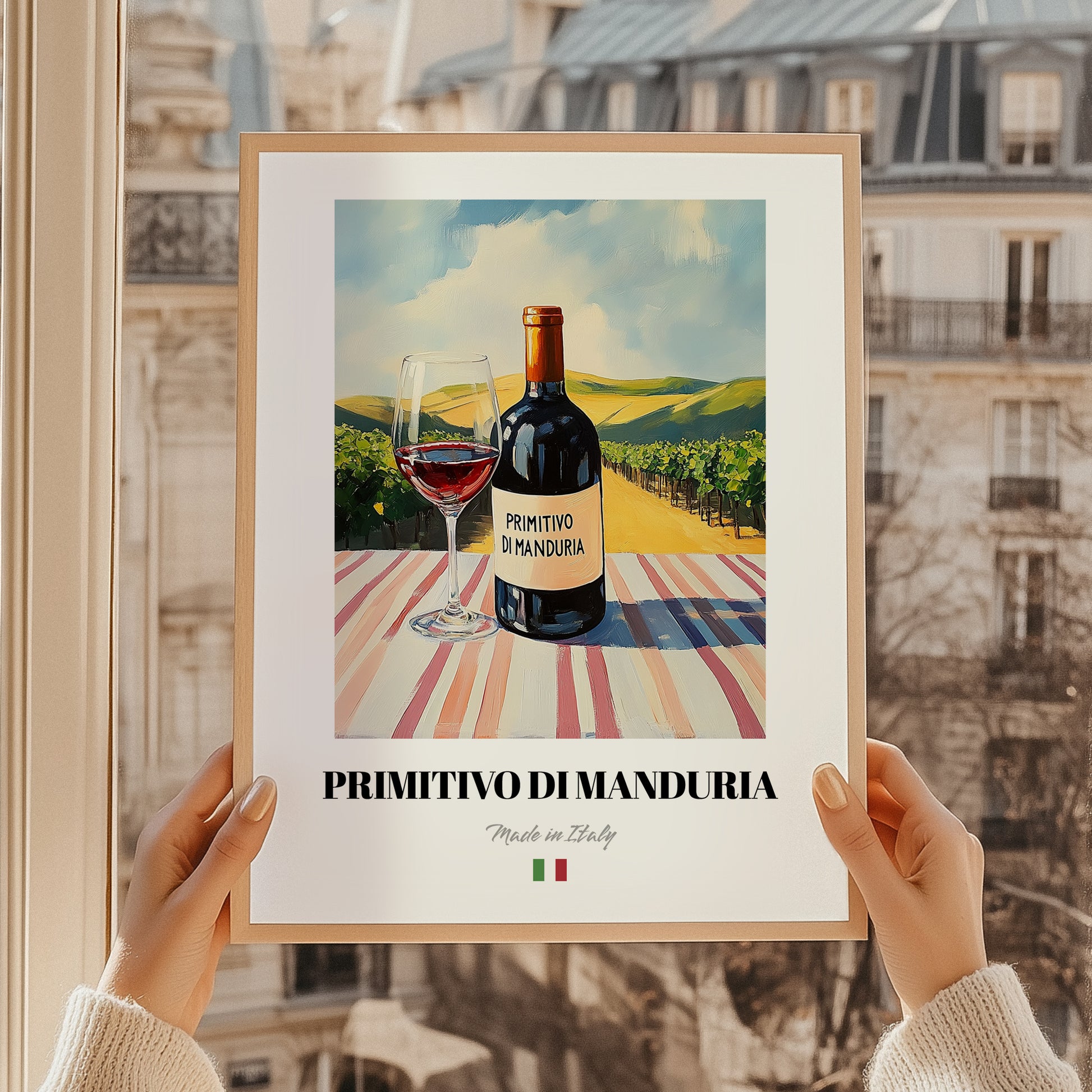 Primitivo di Manduria – Italian Red Wine, Wine Bar Wall Decor, styled in a charming Paris street view