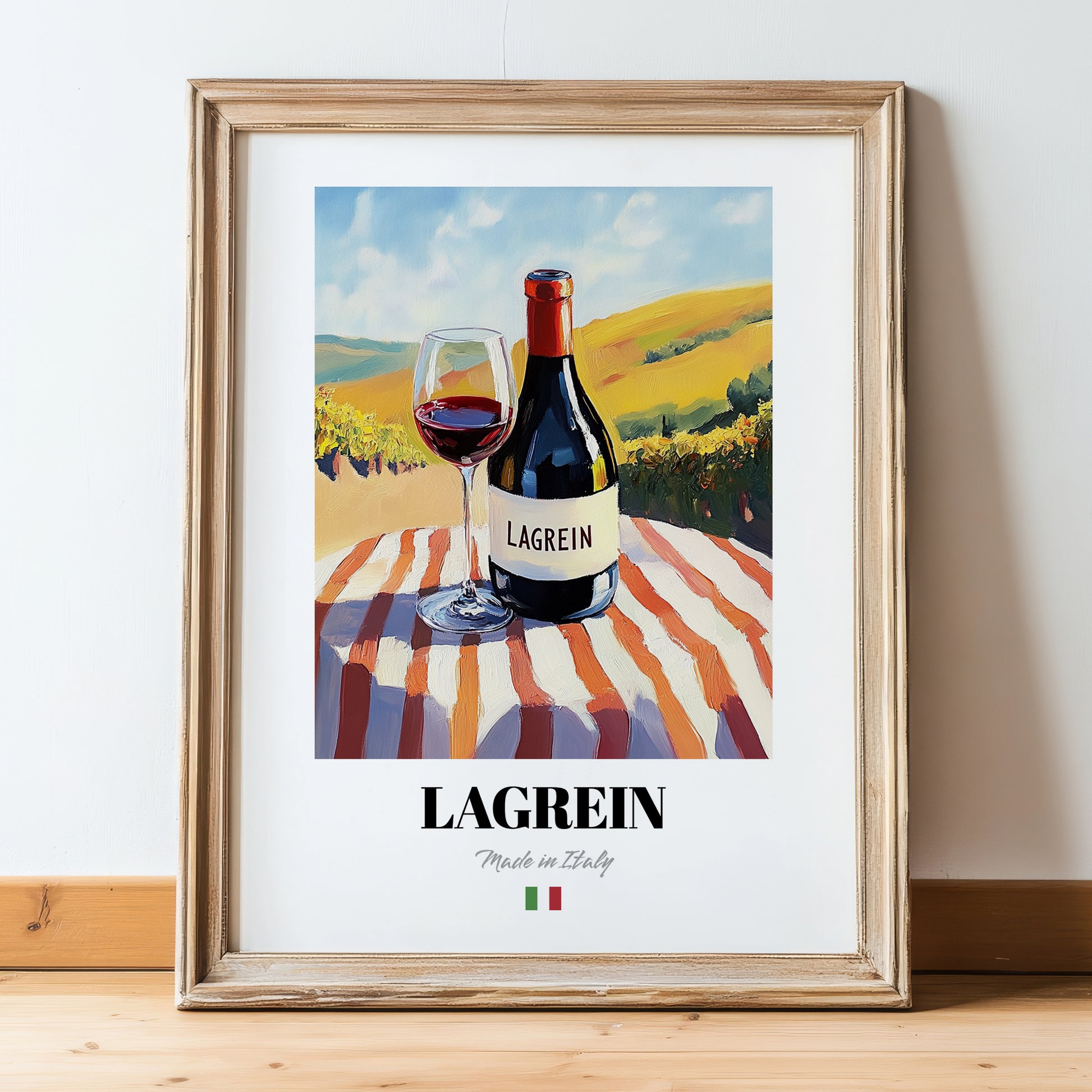 Lagrein – Italian Red Wine, Vinoteca Wall Art, in wooden frame leaning on the floor