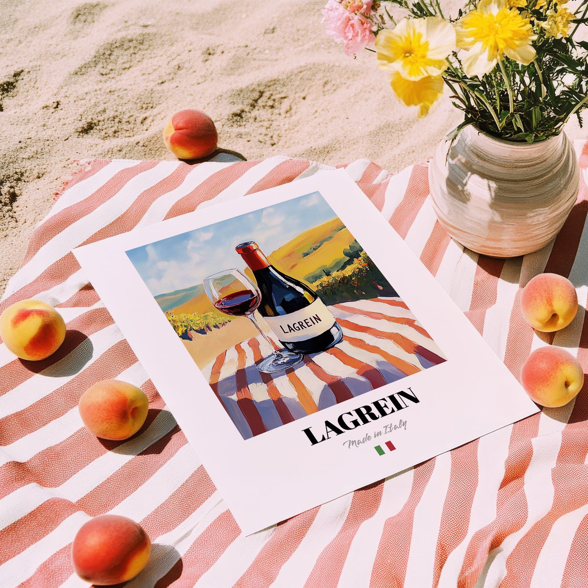 Lagrein – Italian Red Wine, Vinoteca Wall Art, unframed on coastal sand