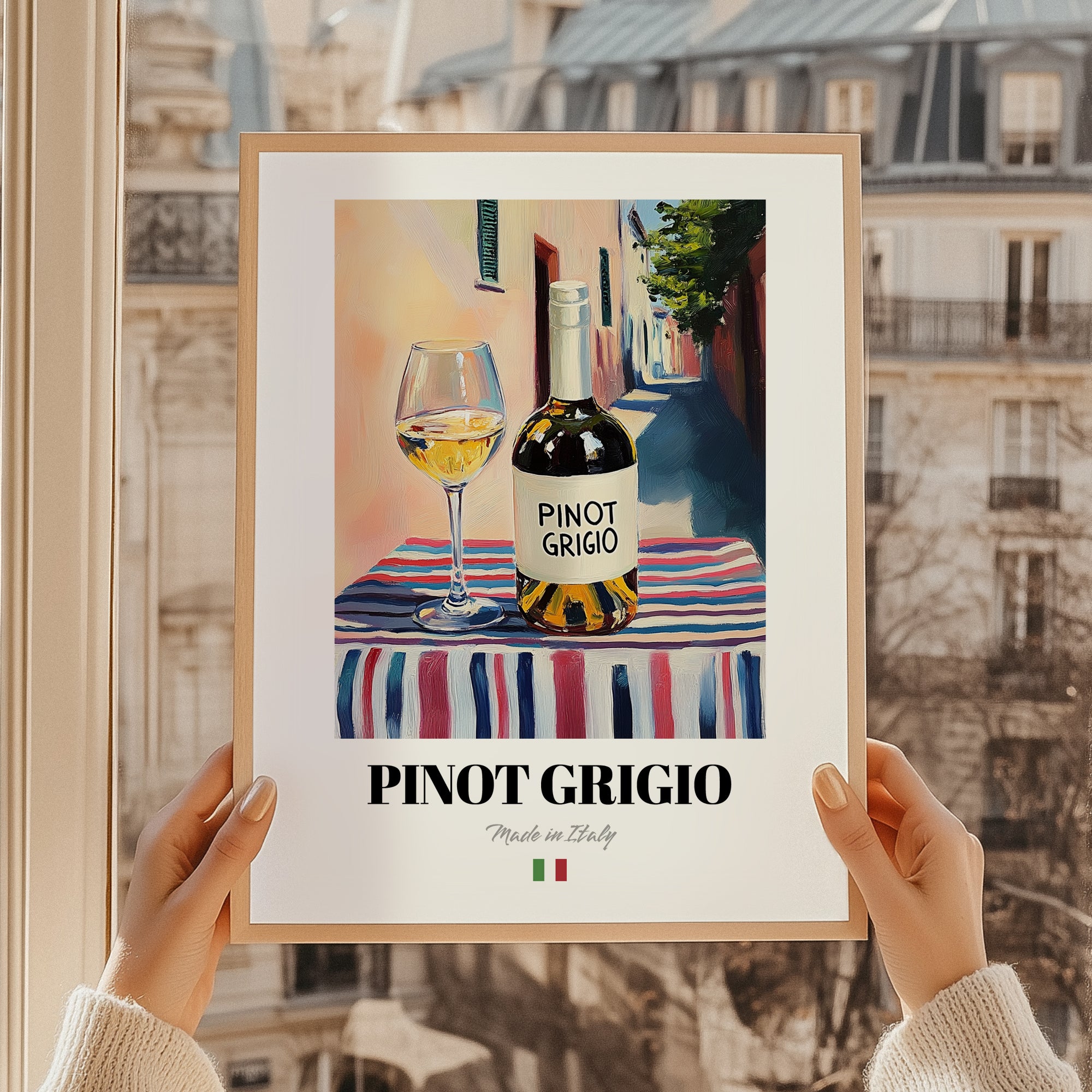 Pinot Grigio – Italian White Wine, Enoteca Poster, styled in a charming Paris street view