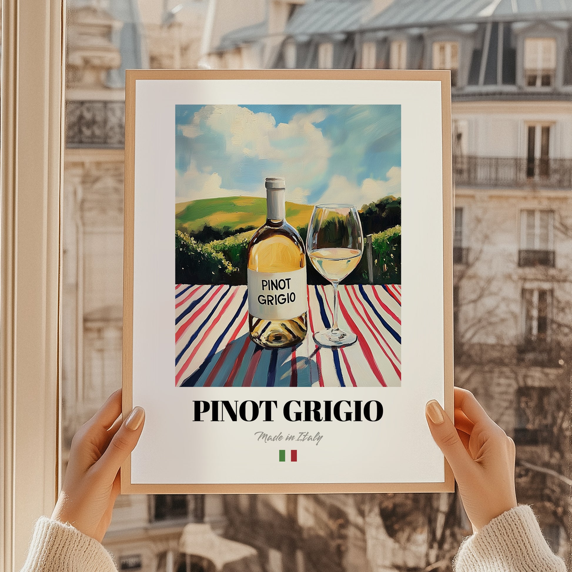 Pinot Grigio – Italian White Wine, Vinoteca Poster, styled in a charming Paris street view