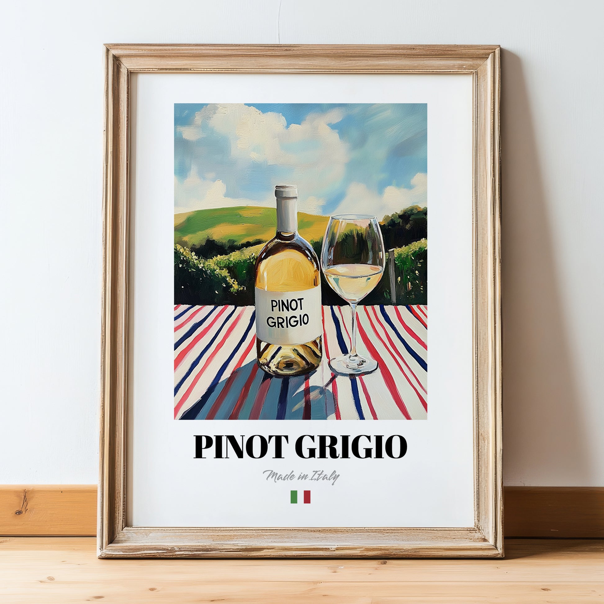Pinot Grigio – Italian White Wine, Vinoteca Poster, in wooden frame leaning on the floor