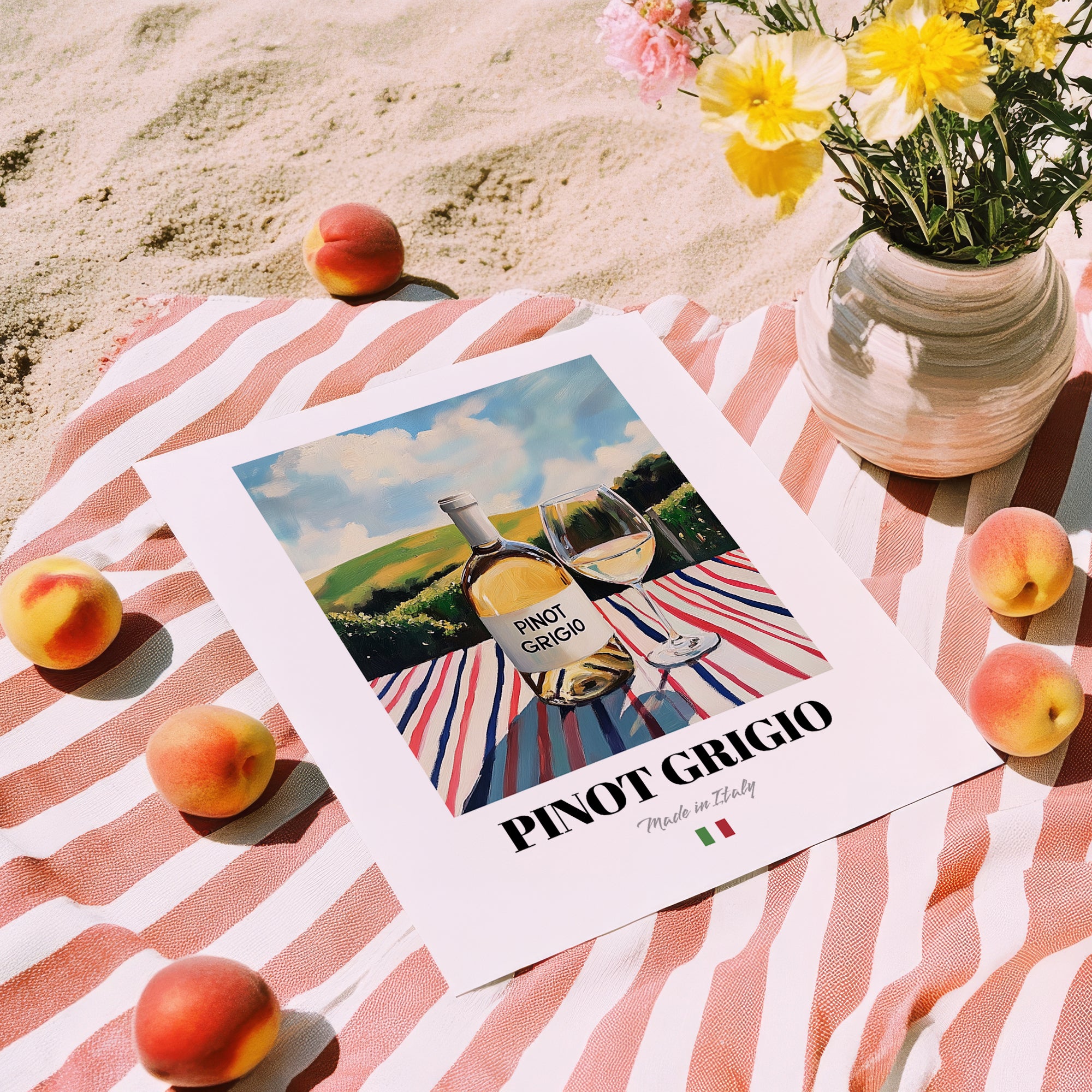 Pinot Grigio – Italian White Wine, Vinoteca Poster, unframed on coastal sand