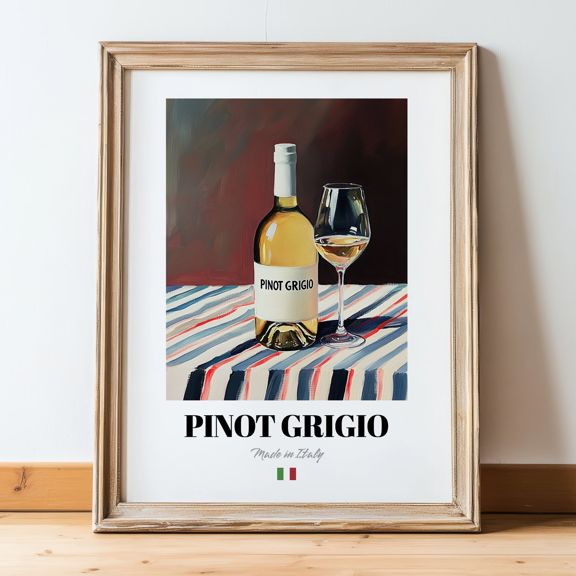 Pinot Grigio – Italian White Wine, Enoteca Wall Art, in wooden frame leaning on the floor