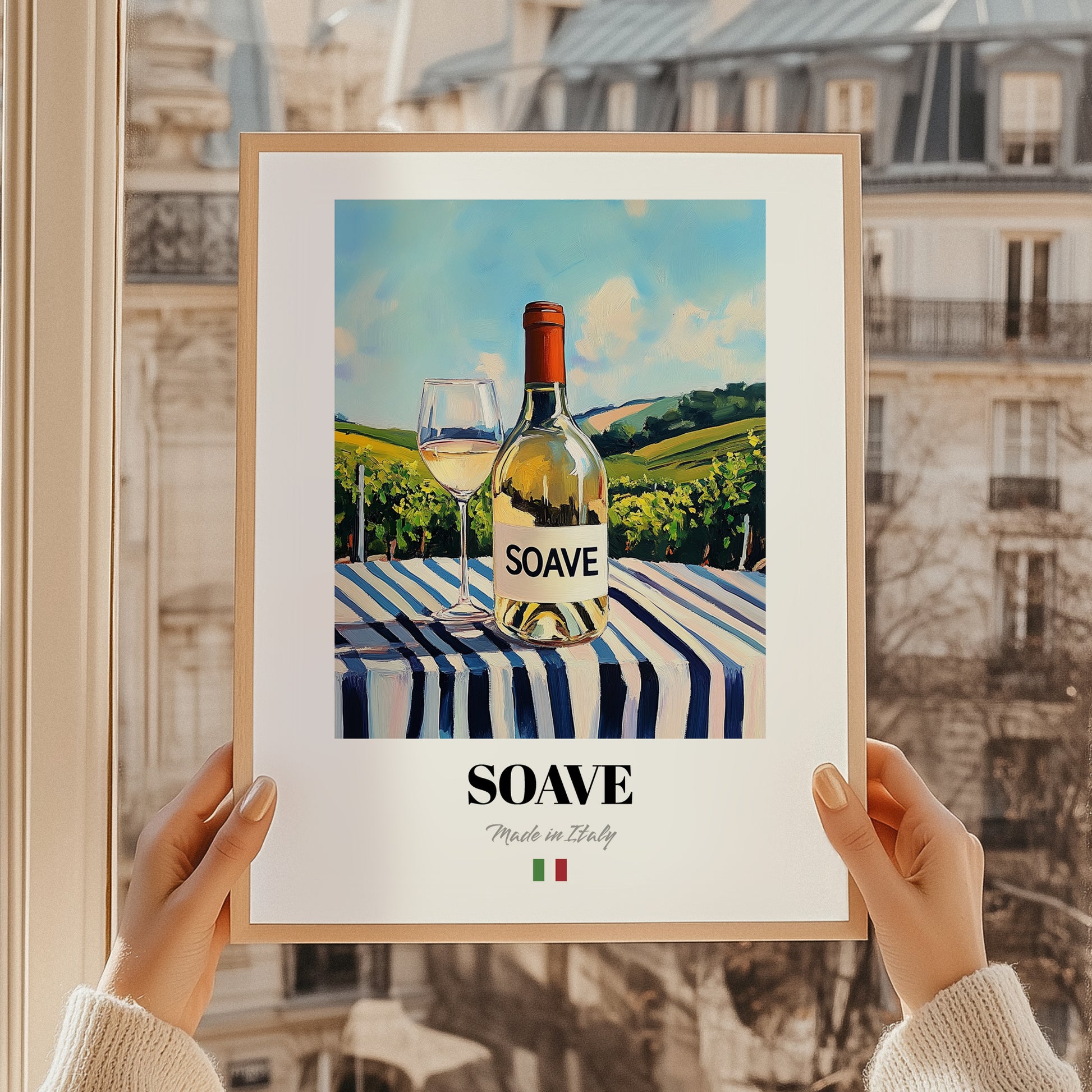 Soave – Italian White Wine, Wine Bar Poster, styled in a charming Paris street view