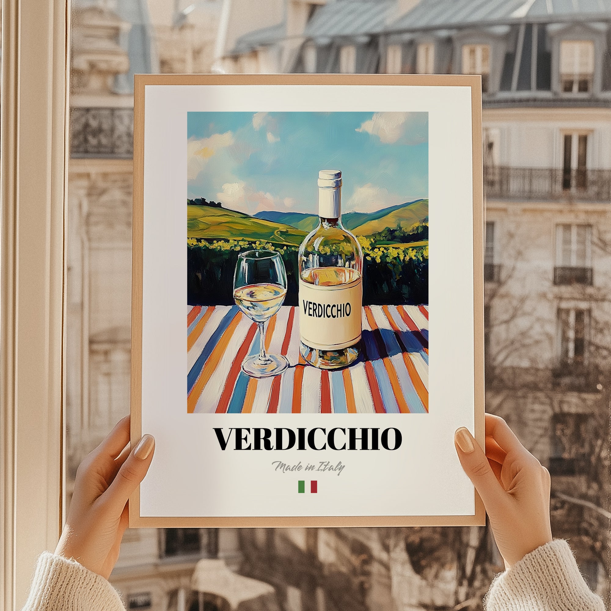 Verdicchio – Italian White Wine, Bodega Poster, styled in a charming Paris street view