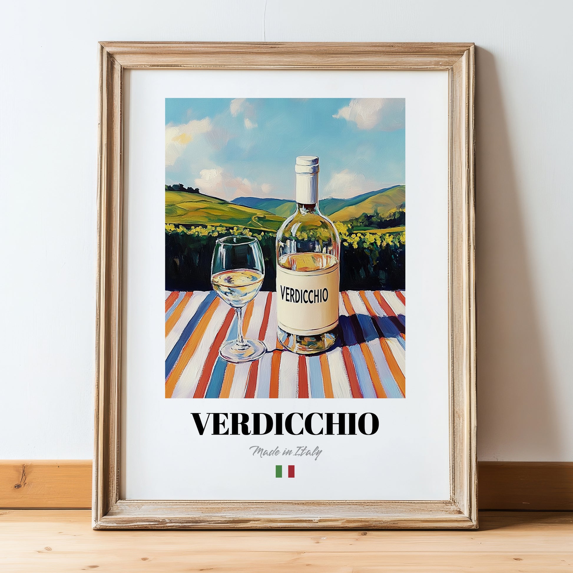 Verdicchio – Italian White Wine, Bodega Poster, in wooden frame leaning on the floor