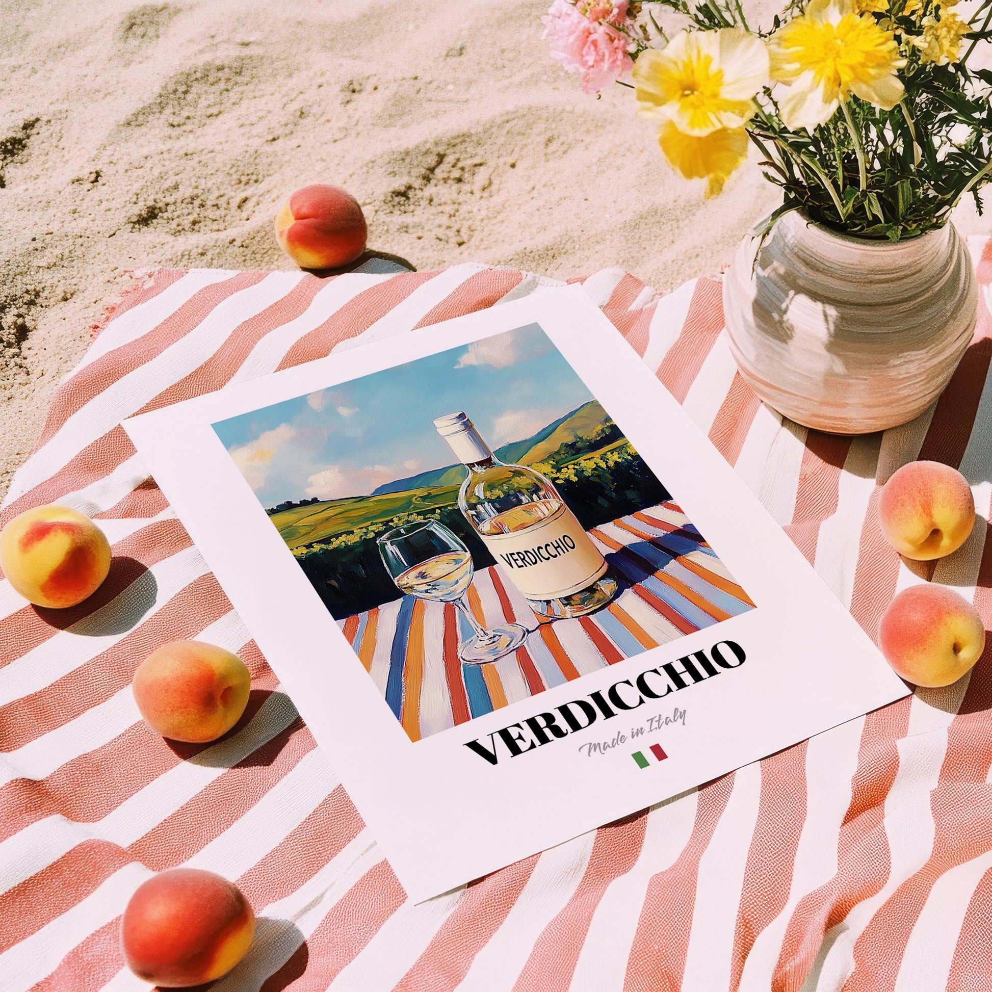 Verdicchio – Italian White Wine, Bodega Poster, unframed on coastal sand