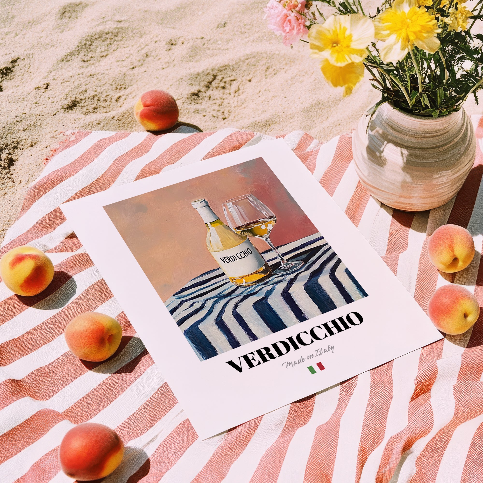 Verdicchio – Italian White Wine, Wine Bar Painting, unframed on coastal sand