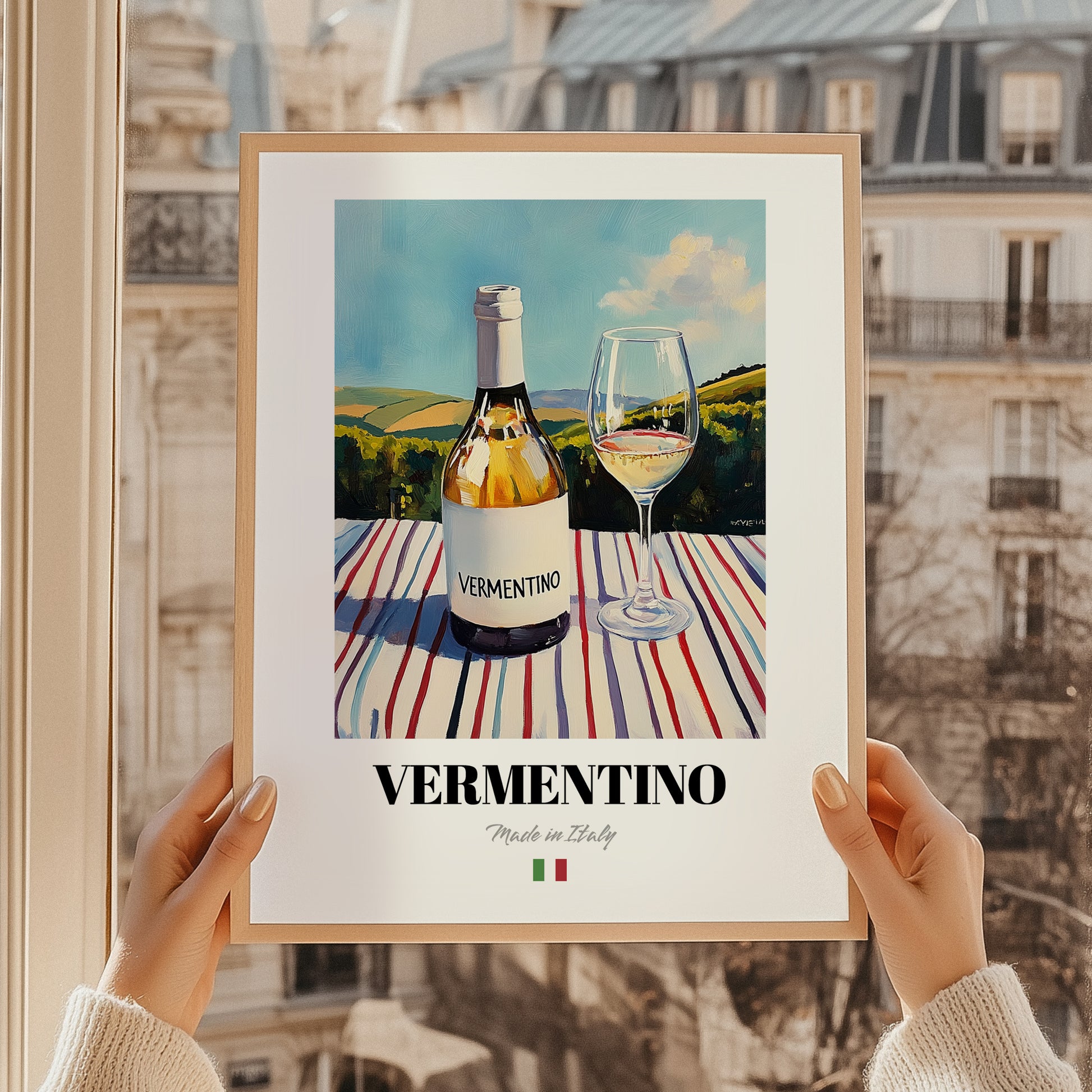 Vermentino – Italian White Wine, Vinoteca Poster, styled in a charming Paris street view