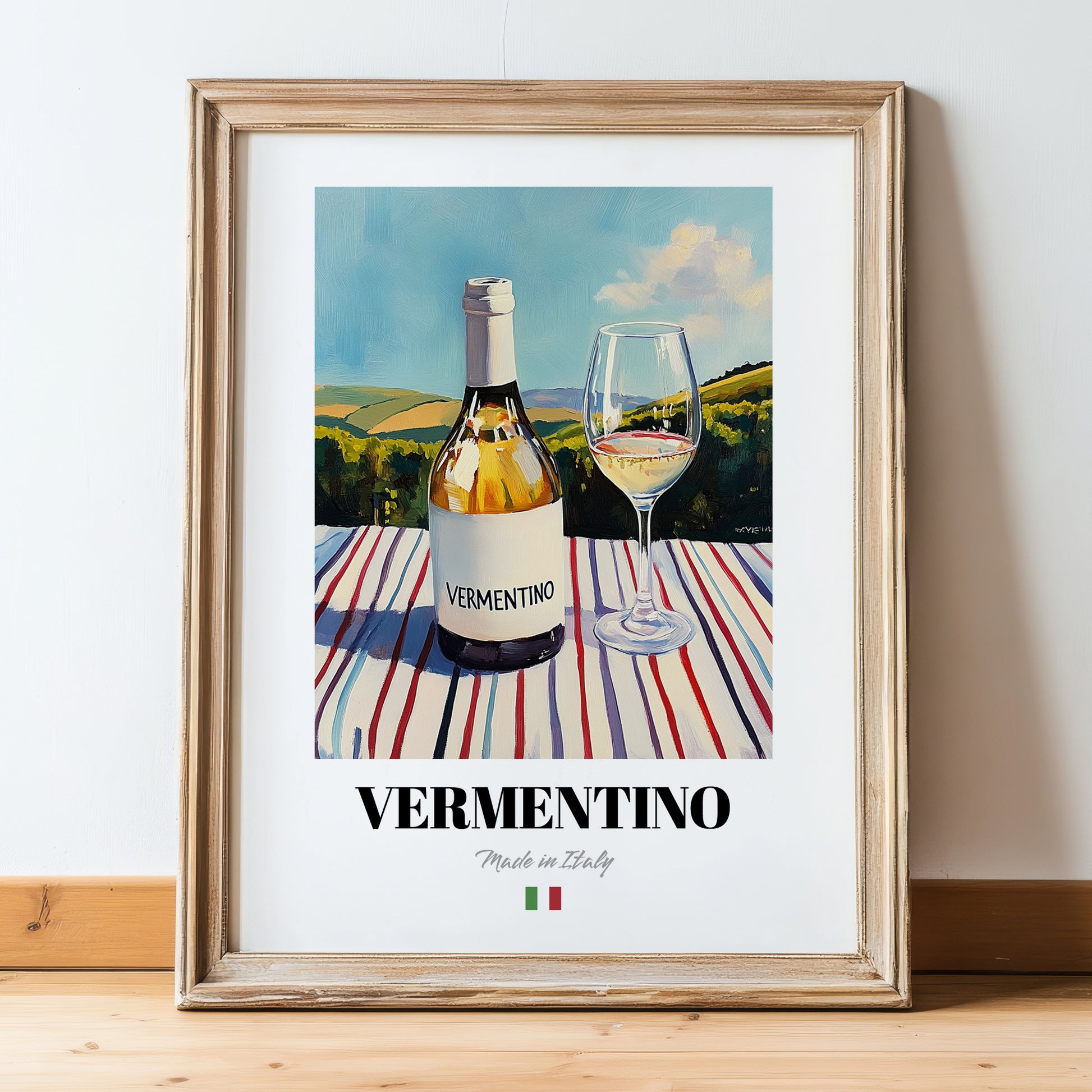 Vermentino – Italian White Wine, Vinoteca Poster, in wooden frame leaning on the floor