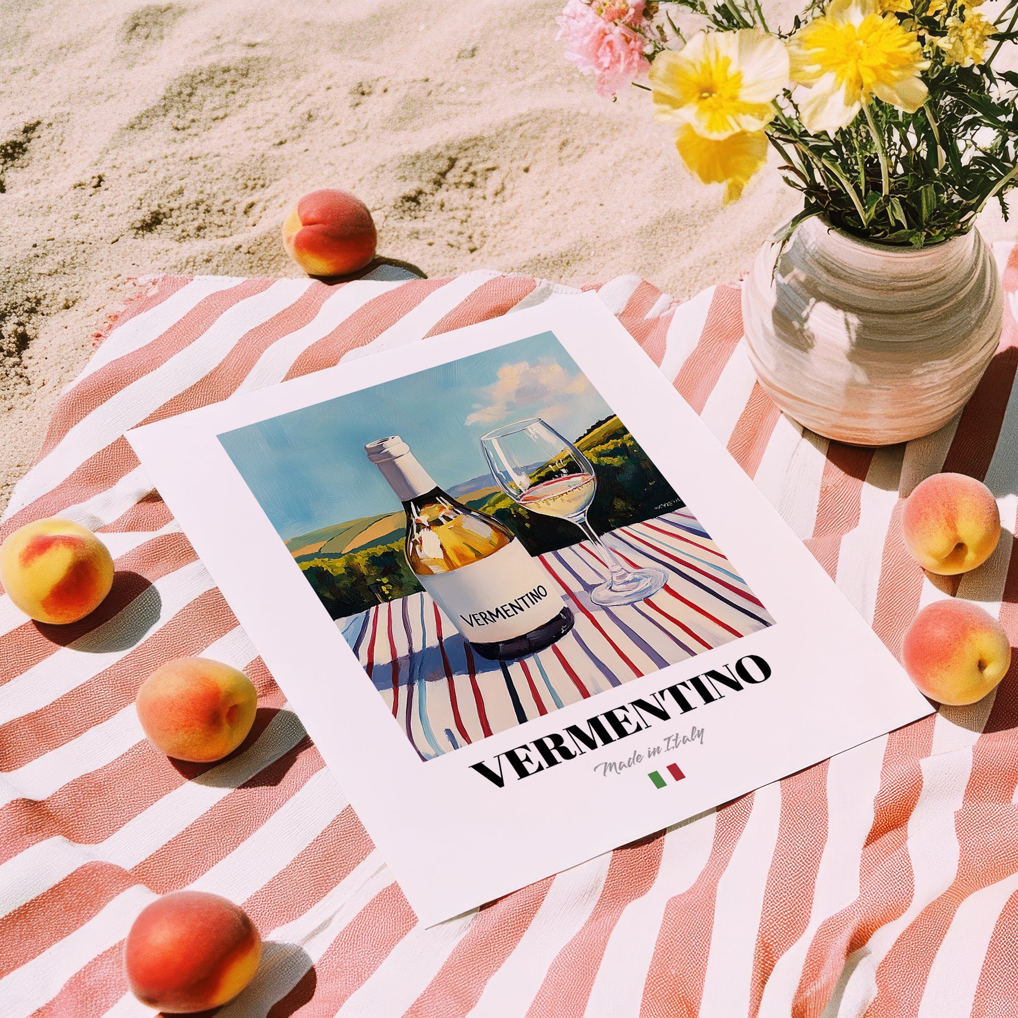 Vermentino – Italian White Wine, Vinoteca Poster, unframed on coastal sand