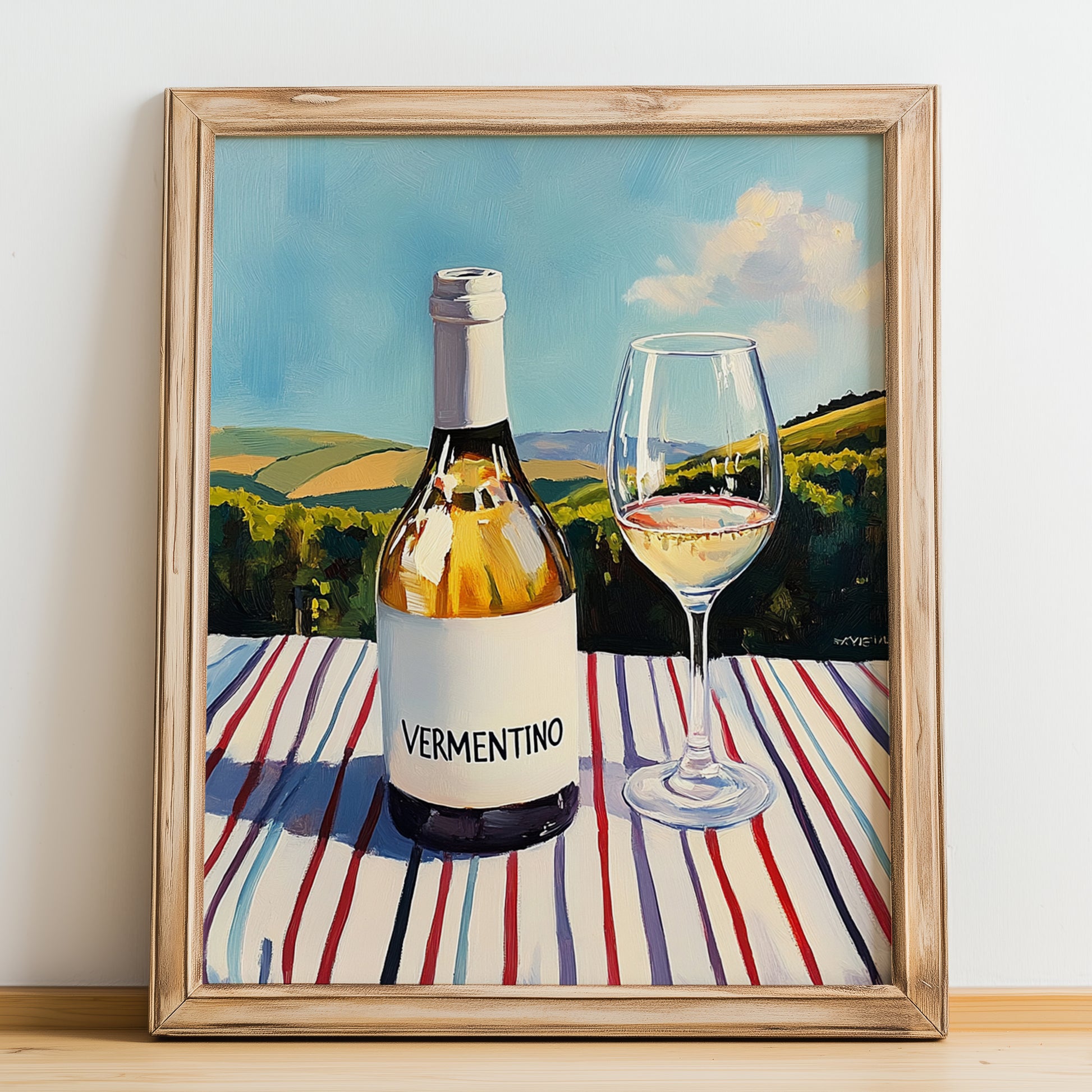 Vermentino – Italian White Wine, Vinoteca Poster, no-text version framed in wood