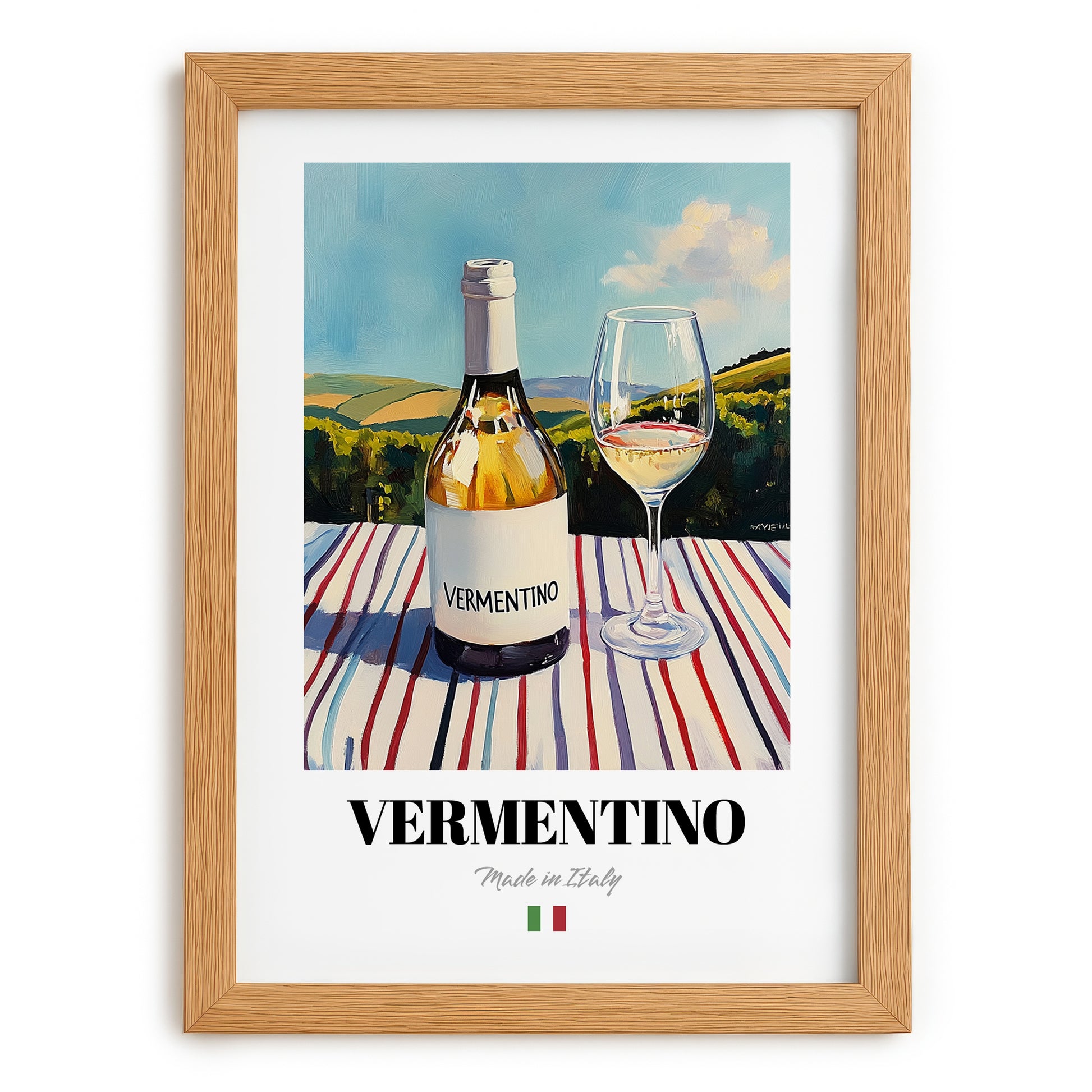 Vermentino – Italian White Wine, Vinoteca Poster, set in oak frame