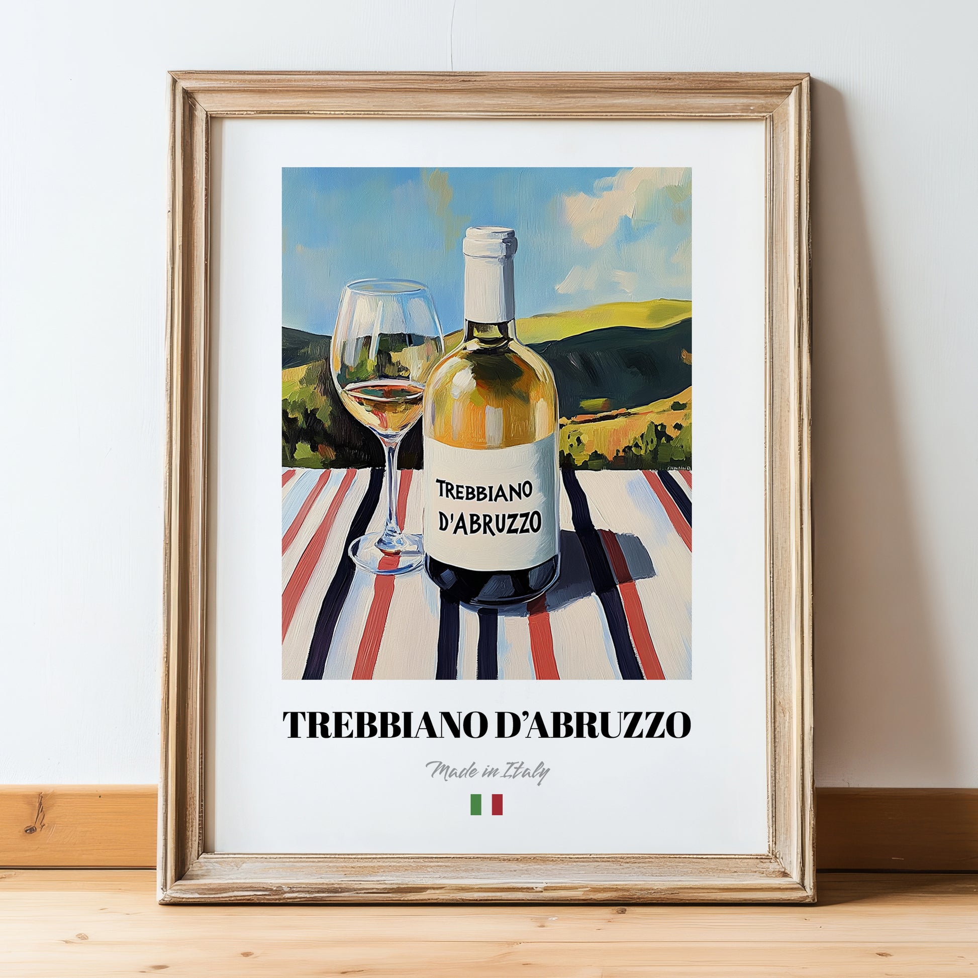 Trebbiano d'Abruzzo – Italian White Wine, Vineyard Terrace Print, in wooden frame leaning on the floor
