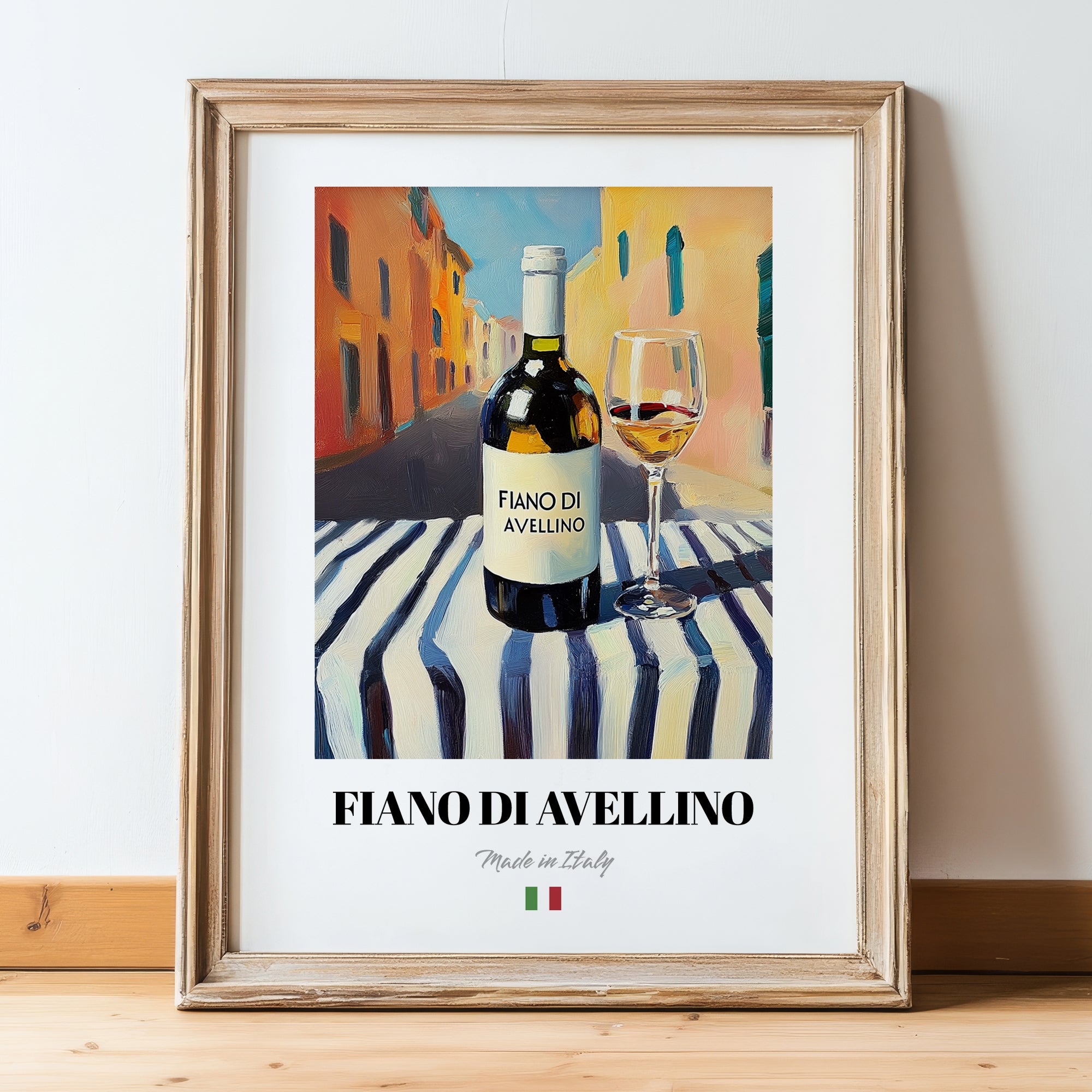 Fiano di Avellino – Italian White Wine, Wine Bar Illustration, in wooden frame leaning on the floor