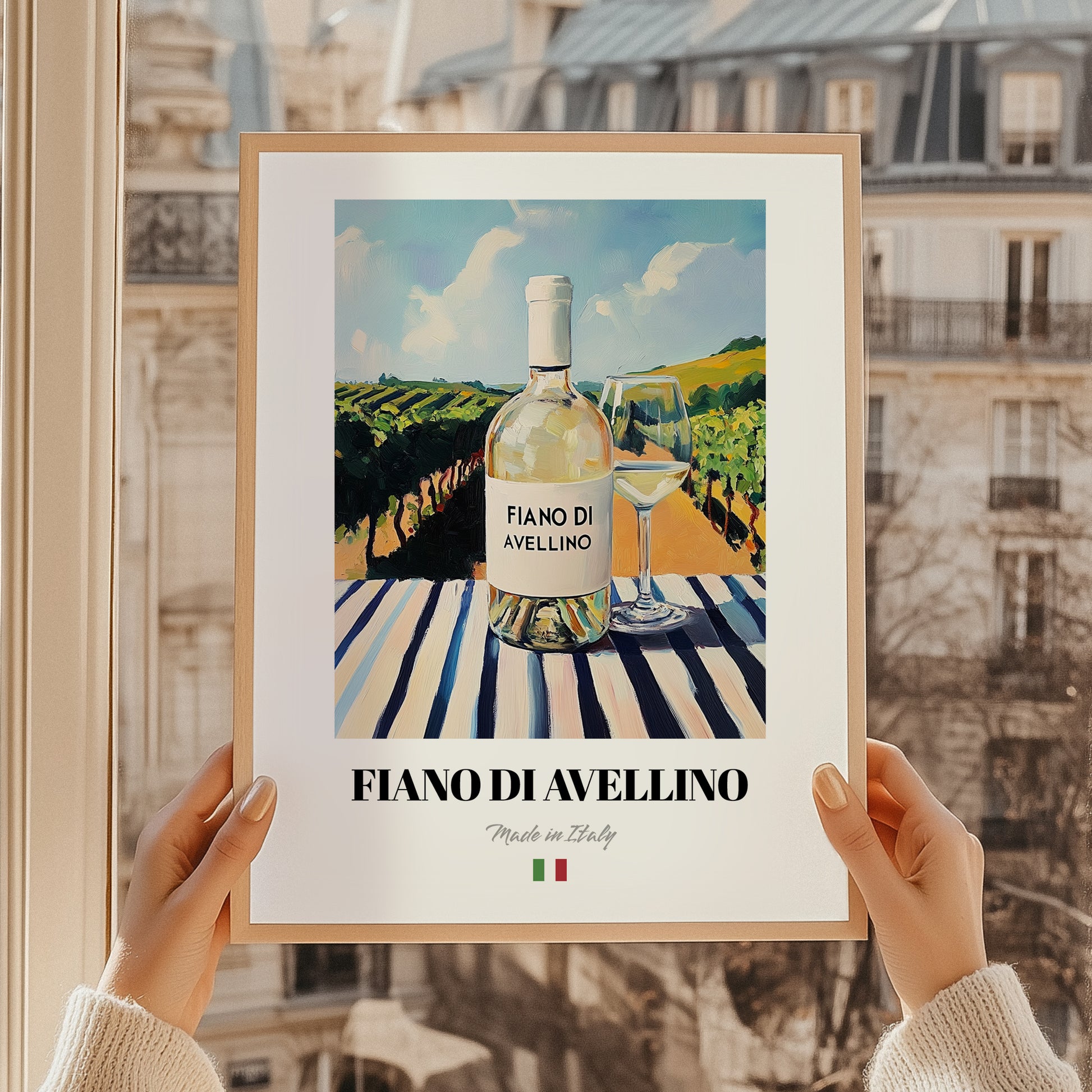 Fiano di Avellino – Italian White Wine, Bodega Poster, styled in a charming Paris street view