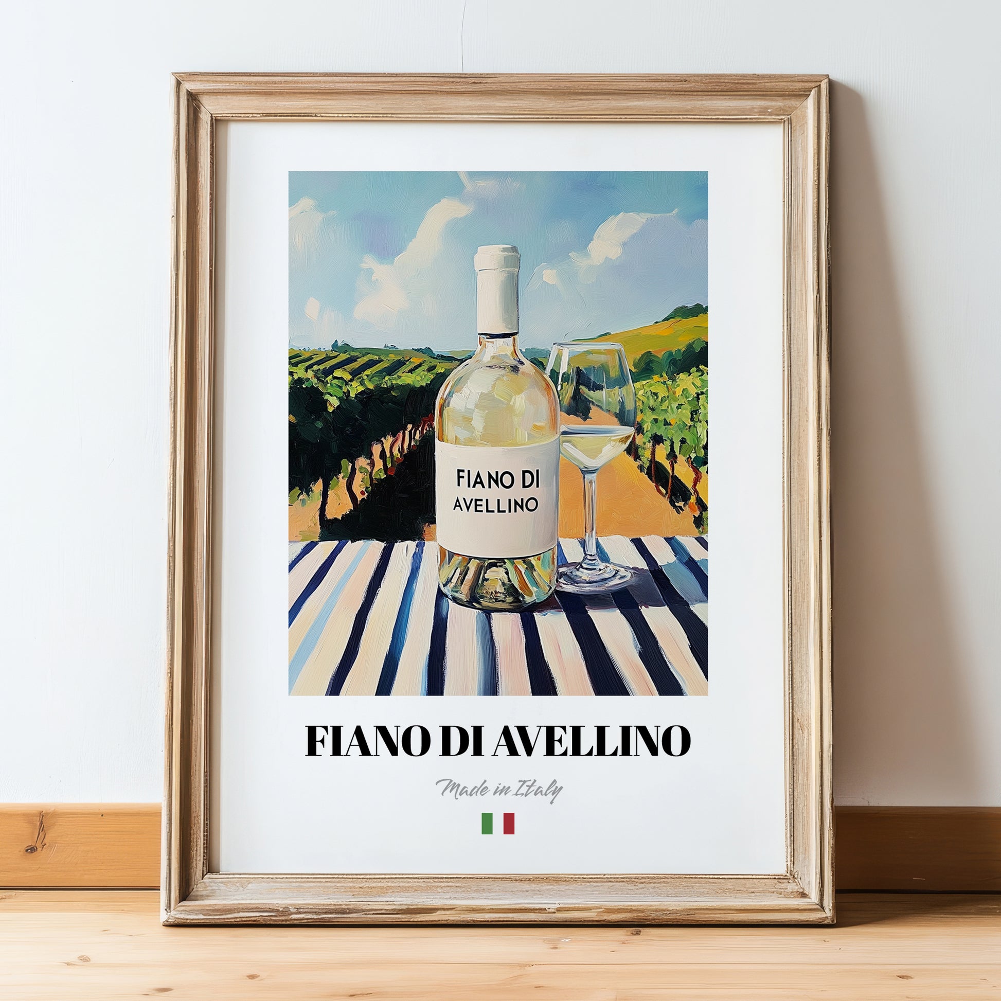 Fiano di Avellino – Italian White Wine, Bodega Poster, in wooden frame leaning on the floor