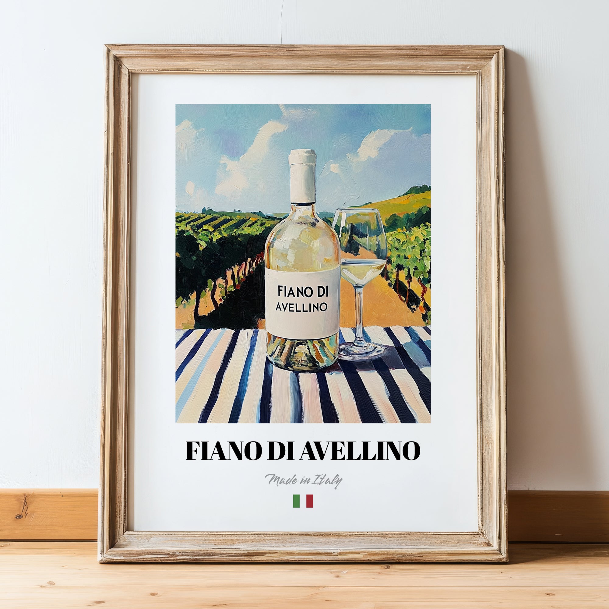 Fiano di Avellino – Italian White Wine, Bodega Poster, in wooden frame leaning on the floor