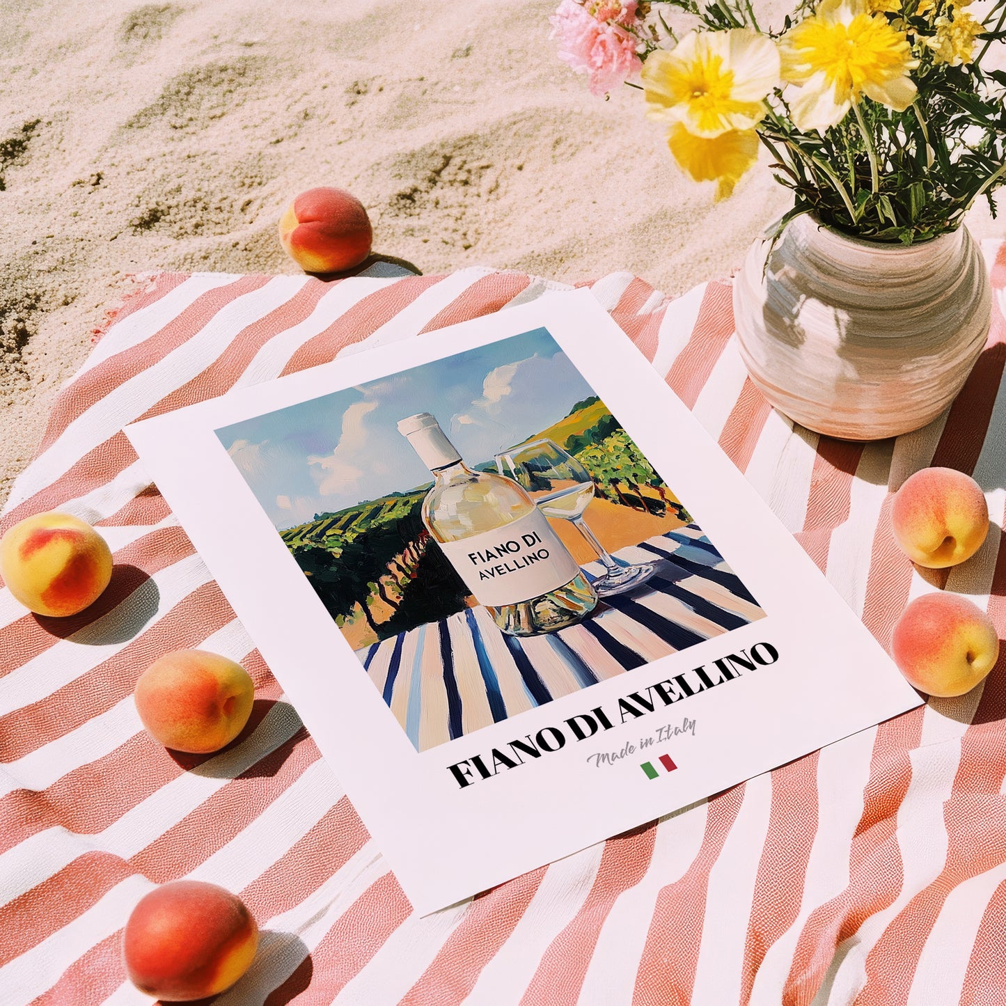 Fiano di Avellino – Italian White Wine, Bodega Poster, unframed on coastal sand