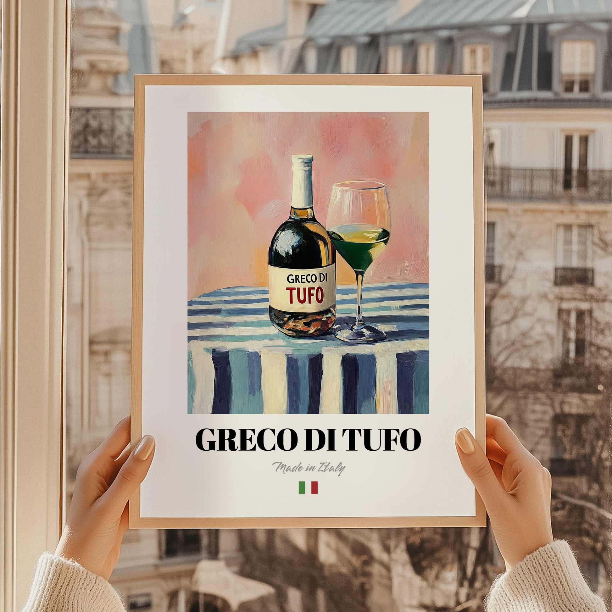 Greco di Tufo – Italian White Wine, Vinoteca Illustration, styled in a charming Paris street view