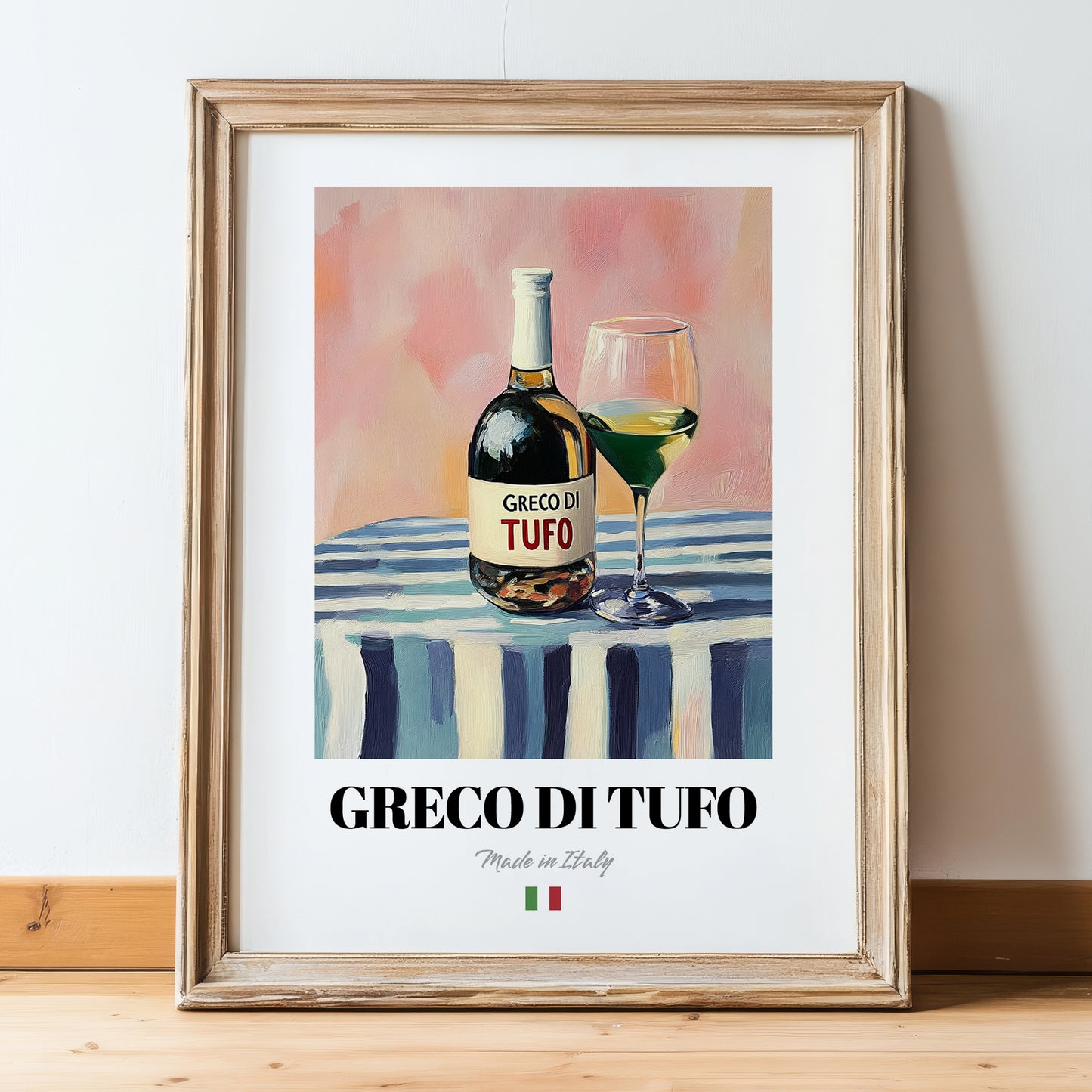 Greco di Tufo – Italian White Wine, Vinoteca Illustration, in wooden frame leaning on the floor