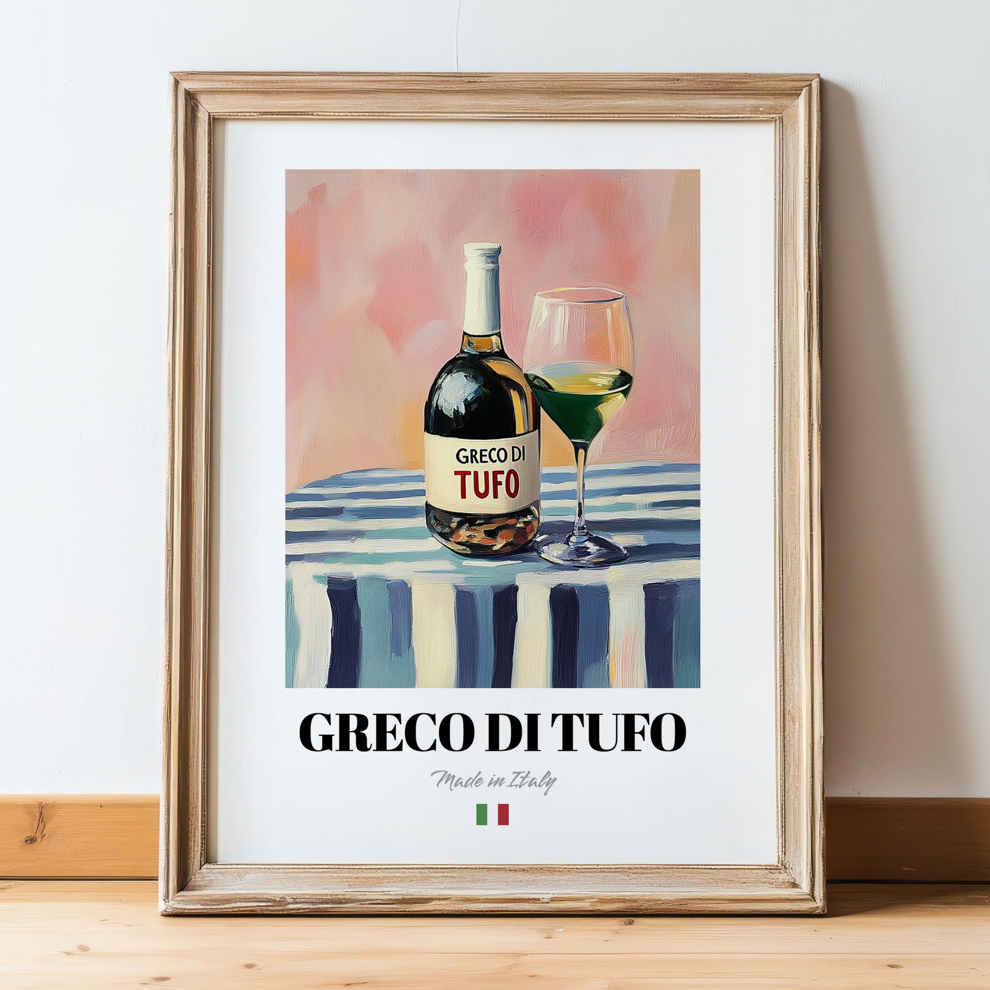 Greco di Tufo – Italian White Wine, Vinoteca Illustration, in wooden frame leaning on the floor