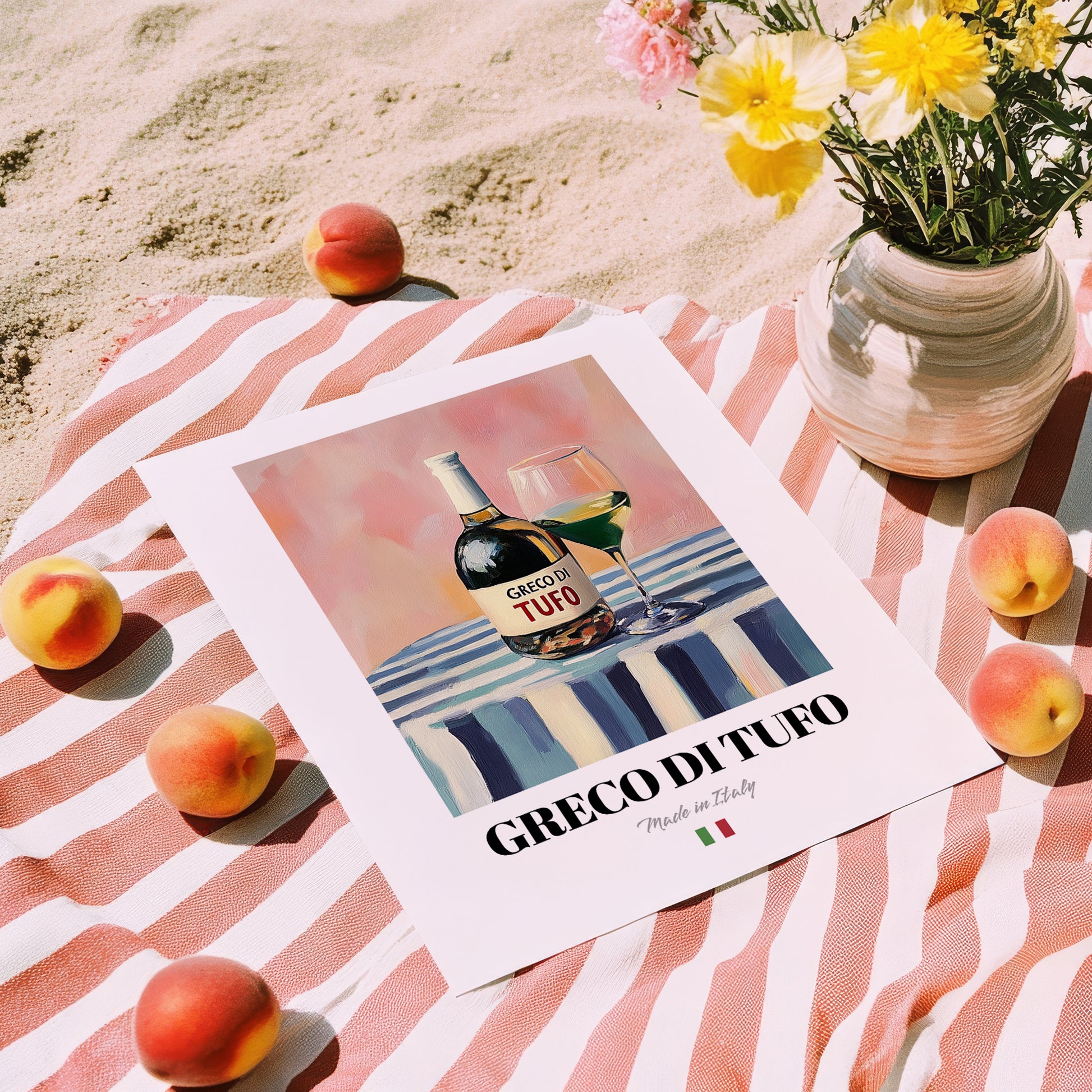 Greco di Tufo – Italian White Wine, Vinoteca Illustration, unframed on coastal sand
