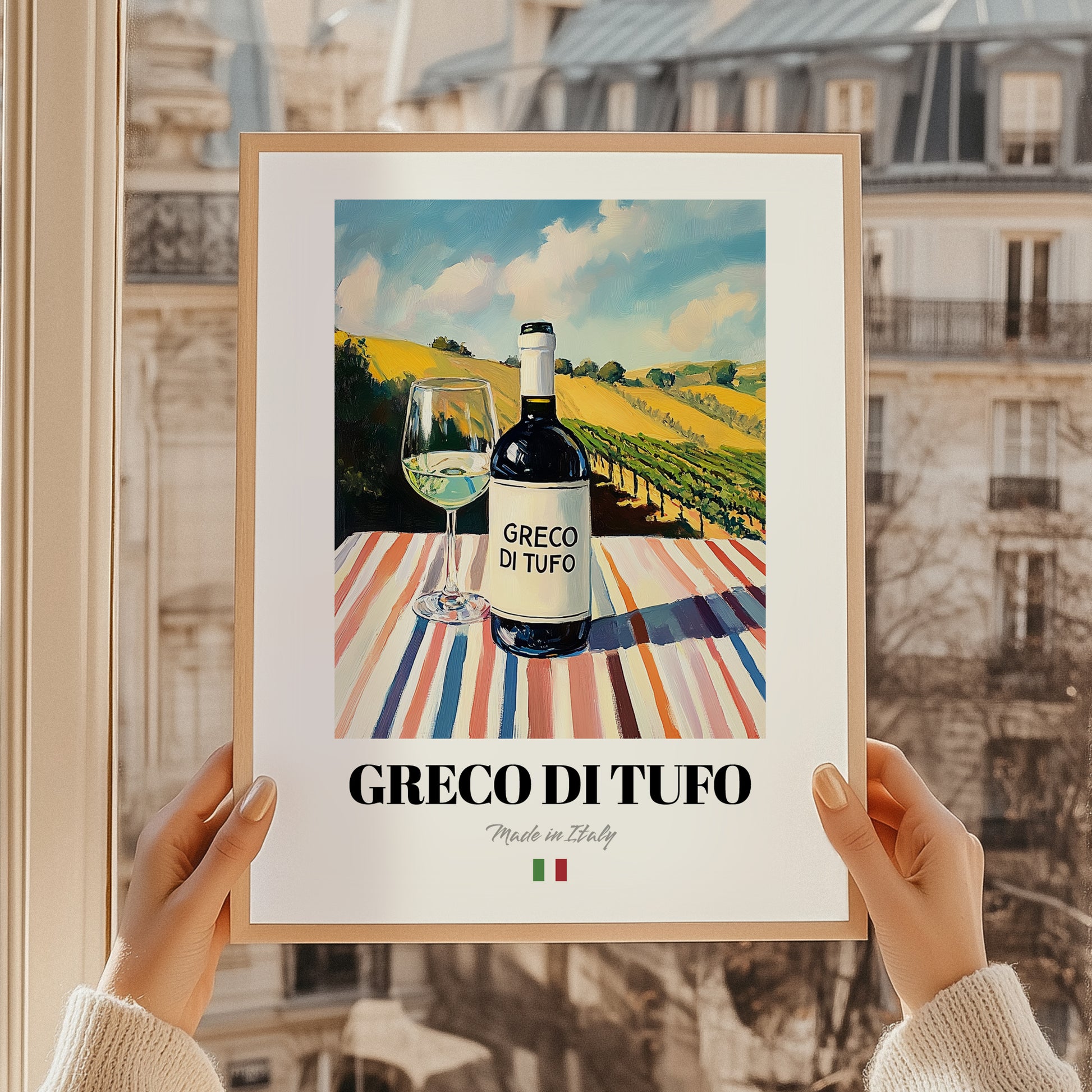 Greco di Tufo – Italian White Wine, Wine Bar Poster, styled in a charming Paris street view
