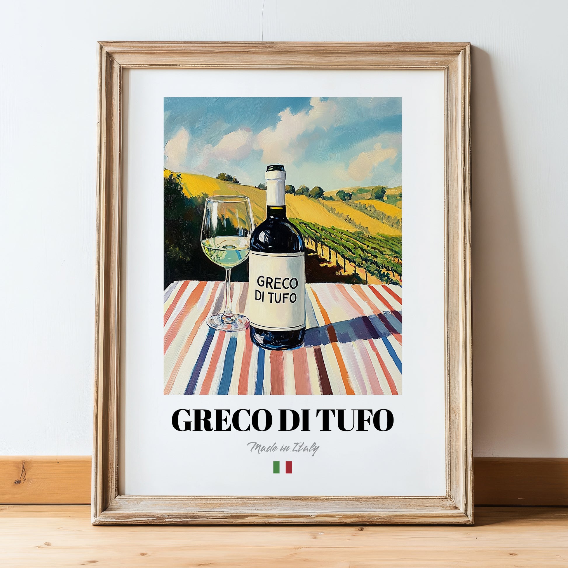 Greco di Tufo – Italian White Wine, Wine Bar Poster, in wooden frame leaning on the floor