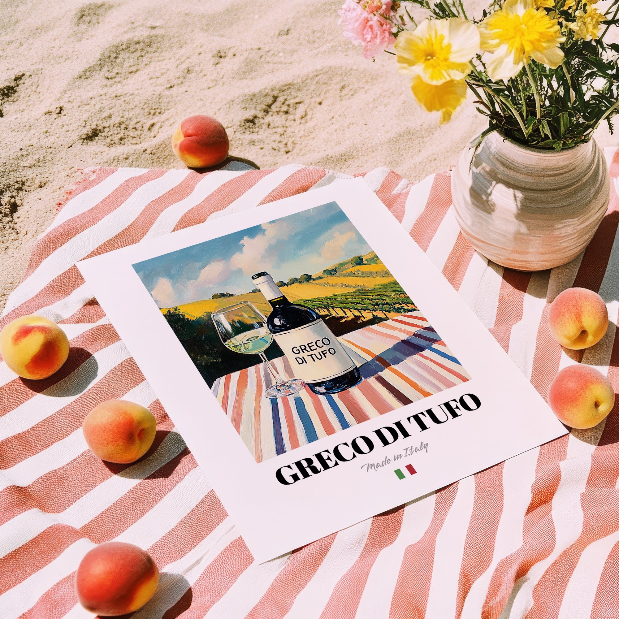 Greco di Tufo – Italian White Wine, Wine Bar Poster, unframed on coastal sand