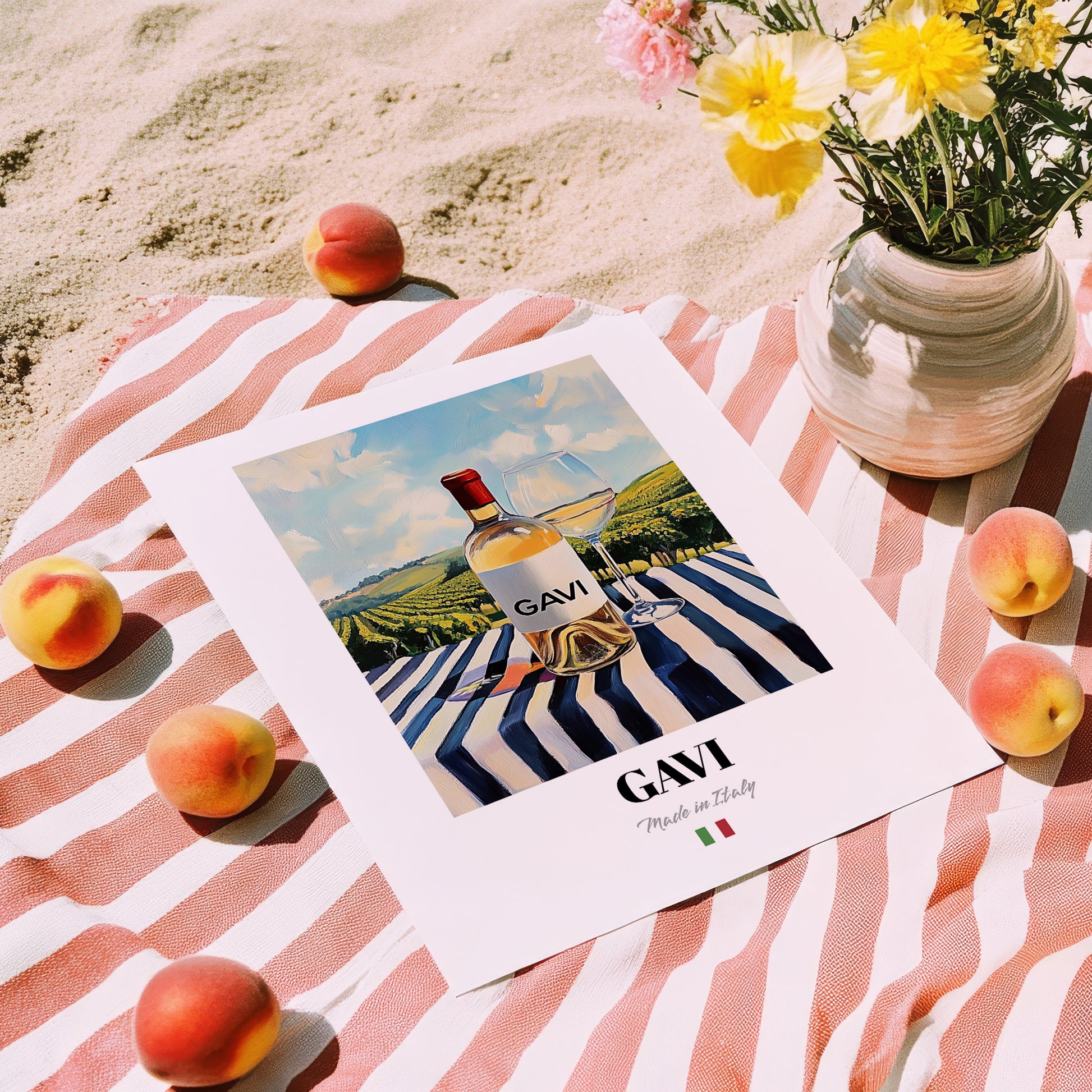 Gavi – Italian White Wine, Vineyard Terrace Wall Art, unframed on coastal sand