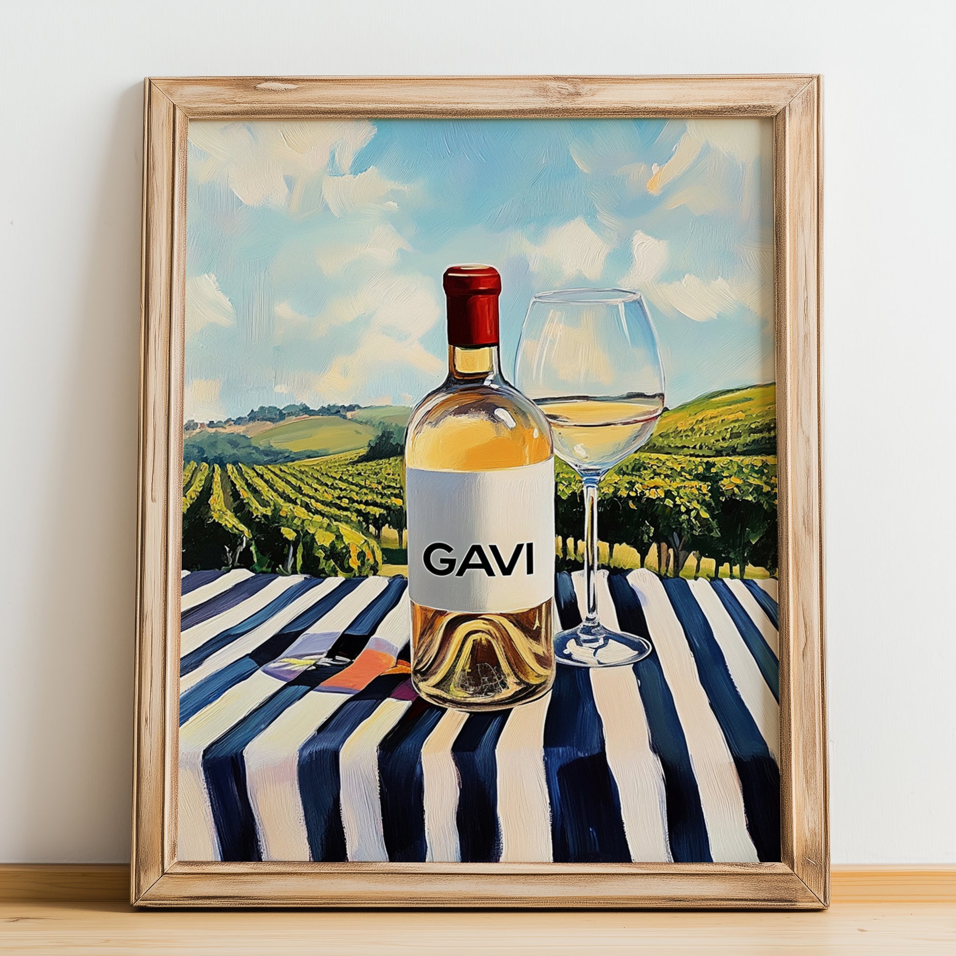 Gavi – Italian White Wine, Vineyard Terrace Wall Art, no-text version framed in wood