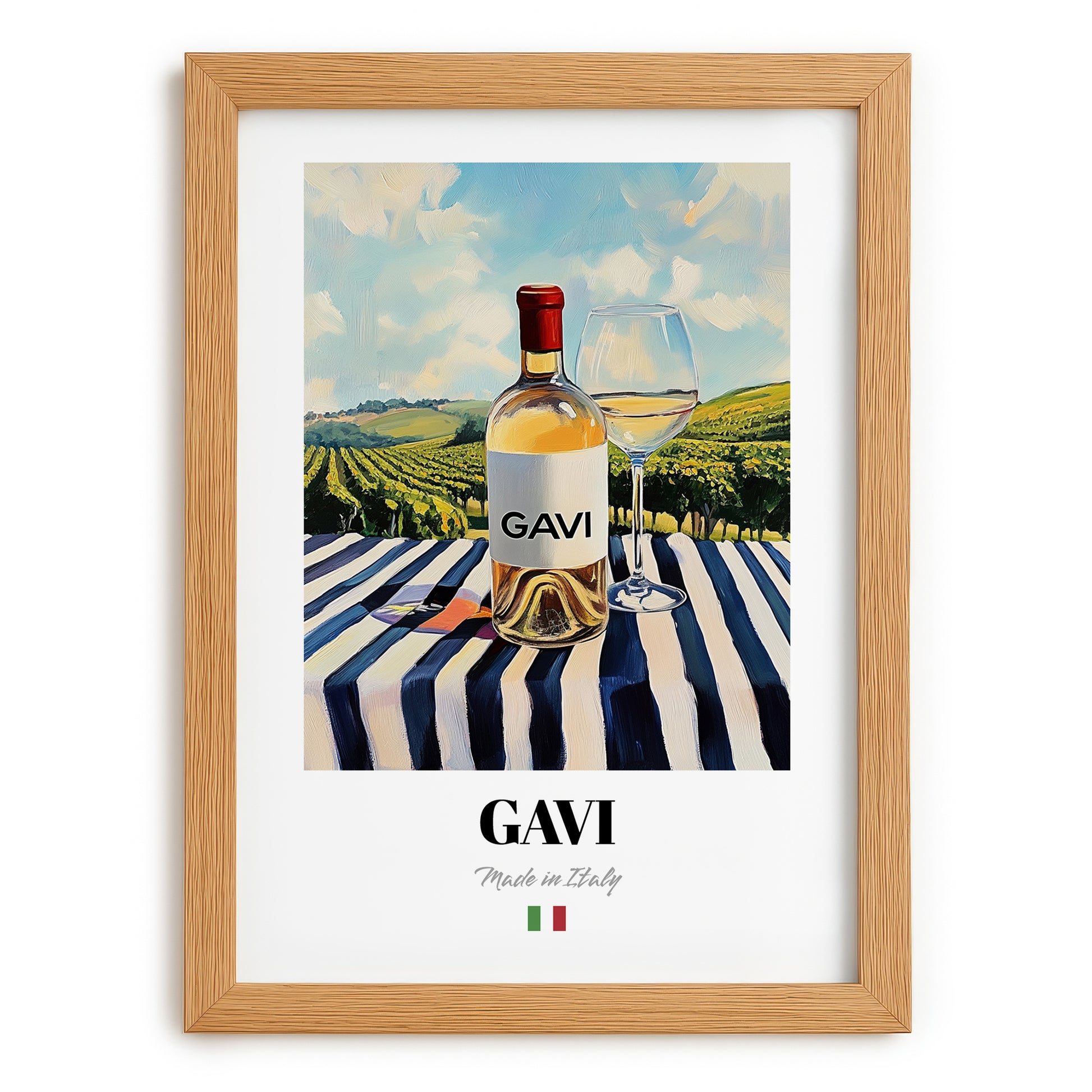 Gavi – Italian White Wine, Vineyard Terrace Wall Art, set in oak frame