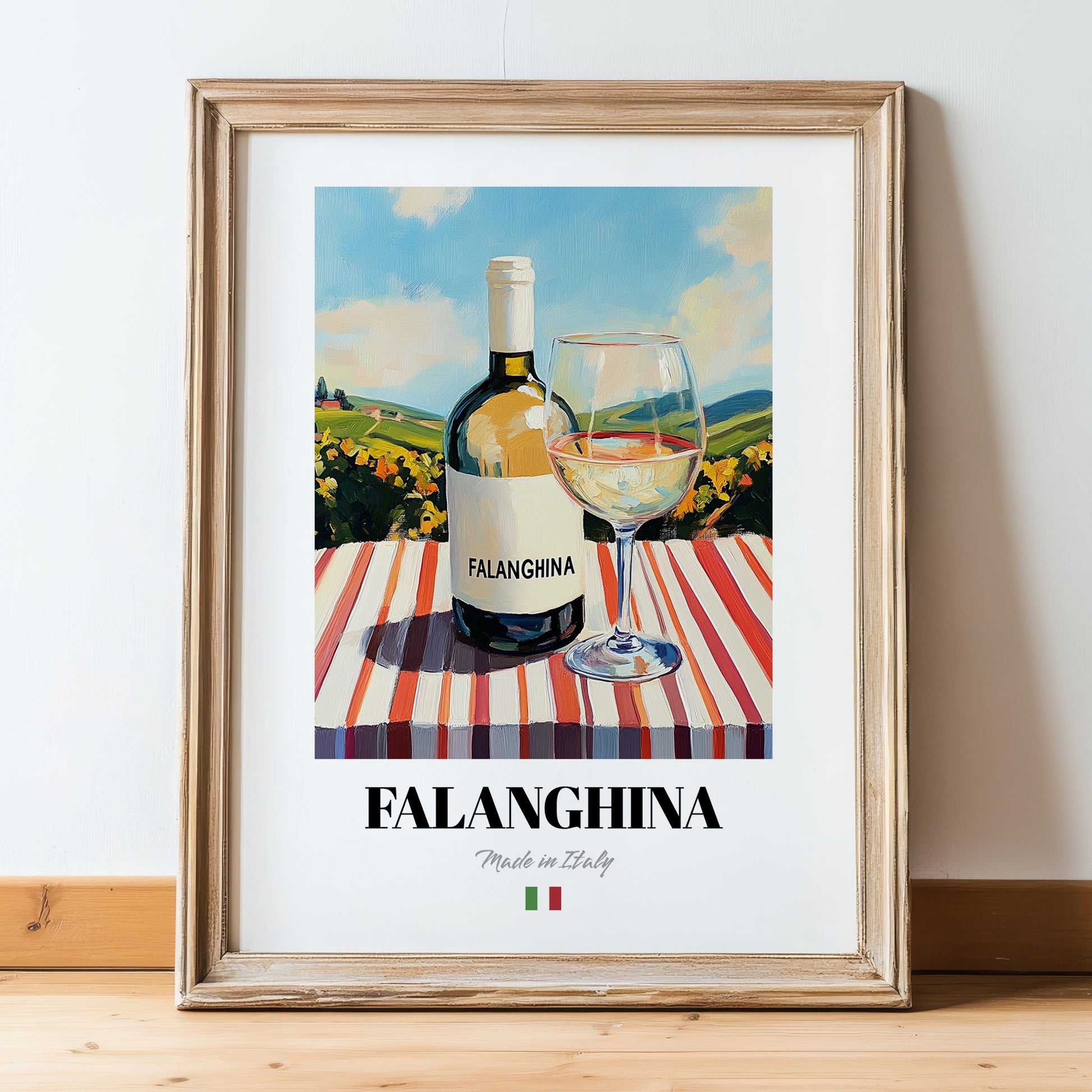 Falanghina – Italian White Wine, Vinoteca Wall Art, in wooden frame leaning on the floor