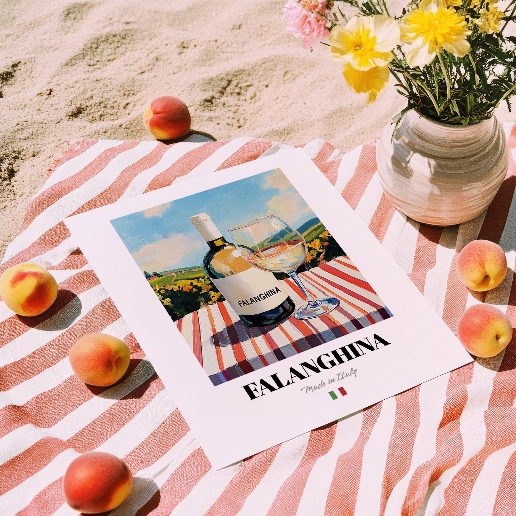 Falanghina – Italian White Wine, Vinoteca Wall Art, unframed on coastal sand