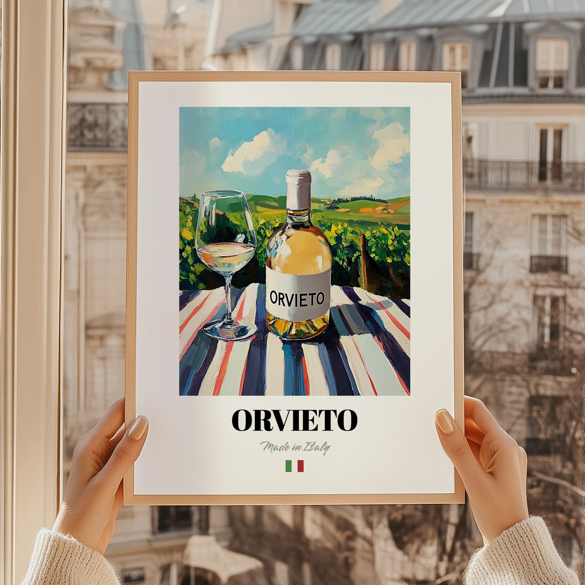 Orvieto – Italian White Wine, Wine Bar Illustration, styled in a charming Paris street view