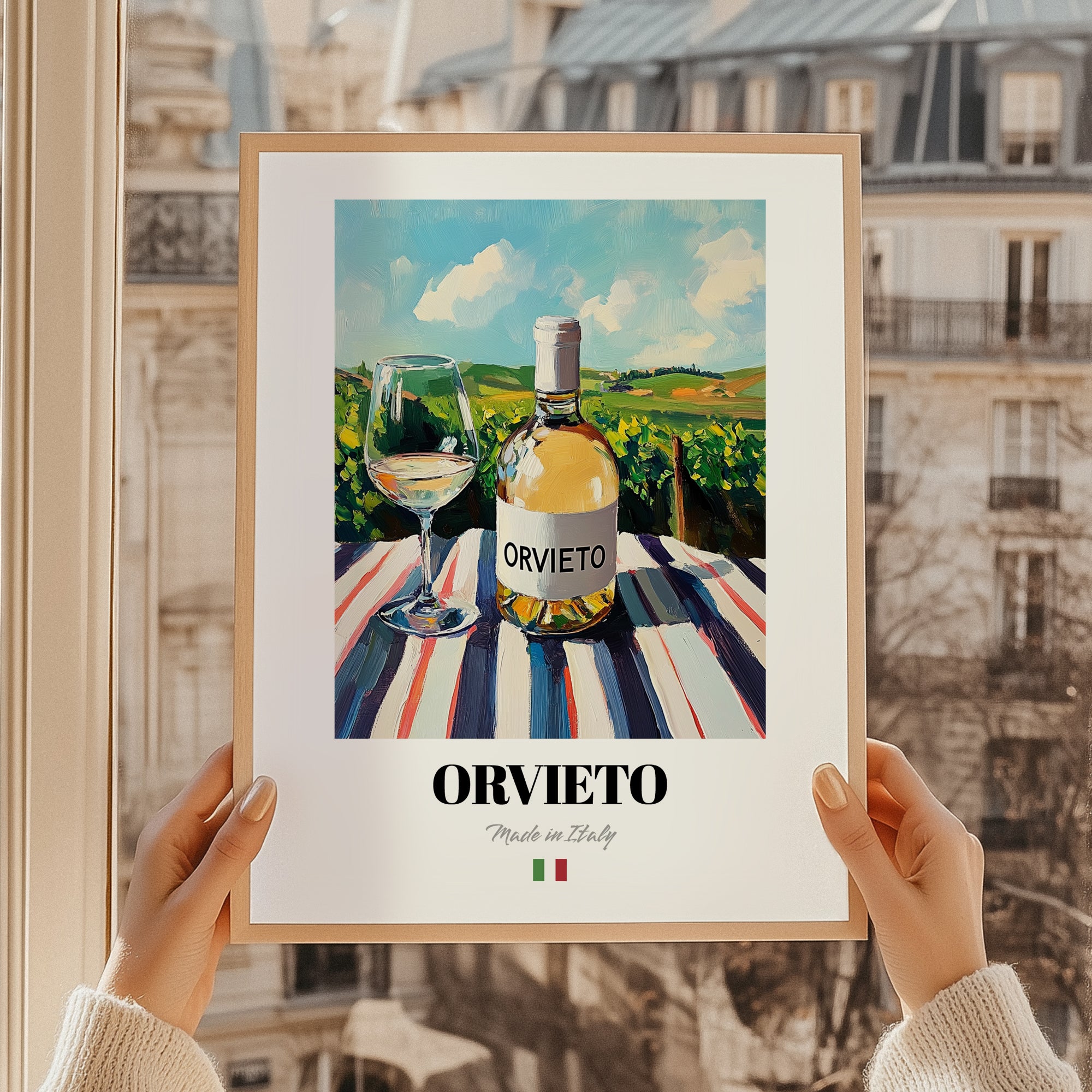 Orvieto – Italian White Wine, Wine Bar Illustration, styled in a charming Paris street view
