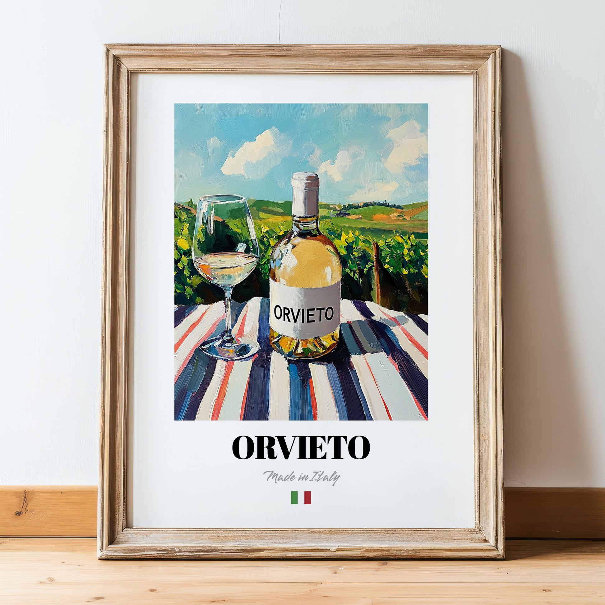 Orvieto – Italian White Wine, Wine Bar Illustration, in wooden frame leaning on the floor