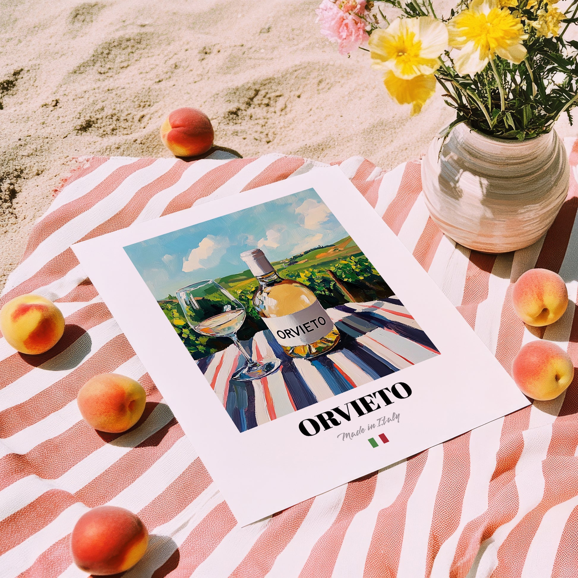 Orvieto – Italian White Wine, Wine Bar Illustration, unframed on coastal sand