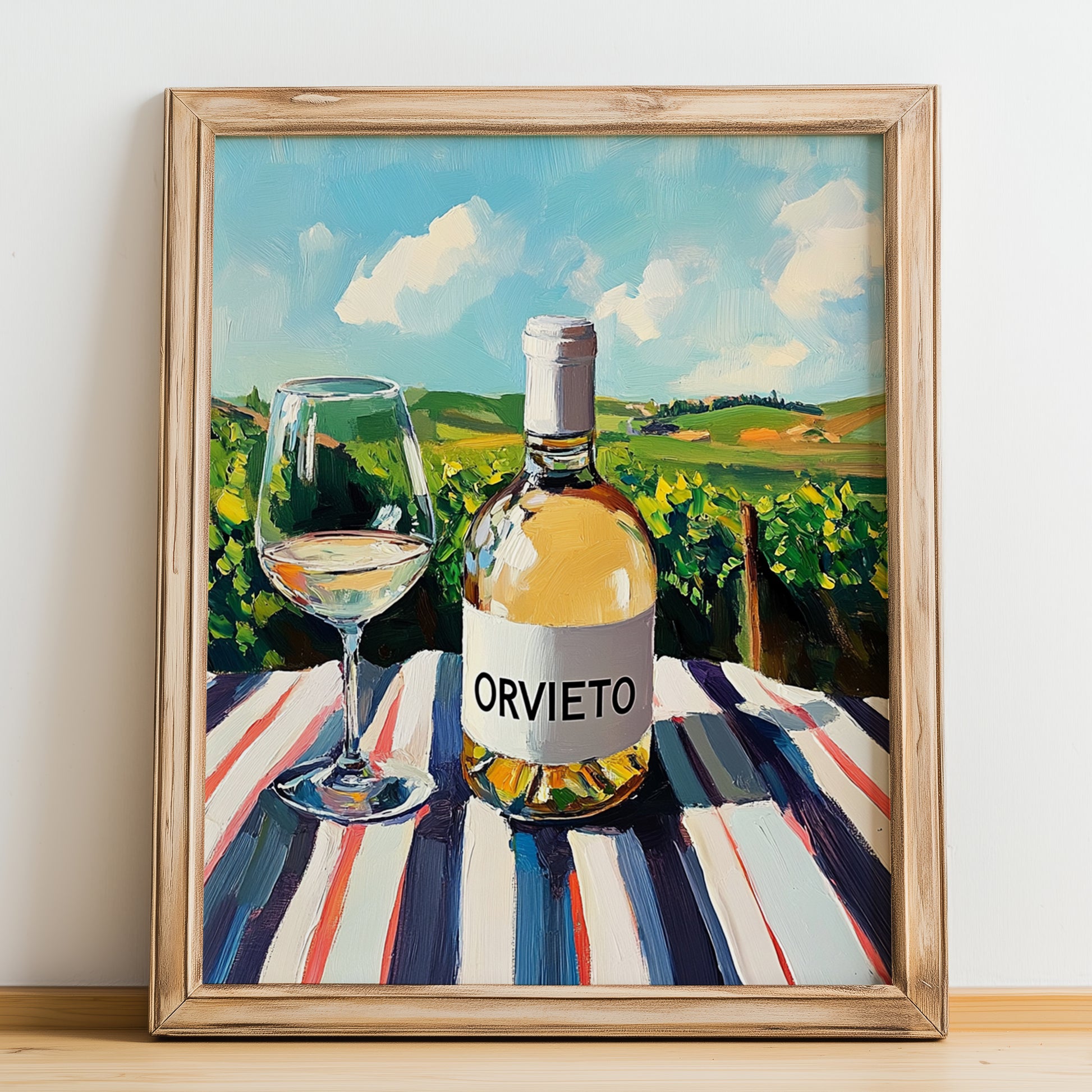 Orvieto – Italian White Wine, Wine Bar Illustration, no-text version framed in wood