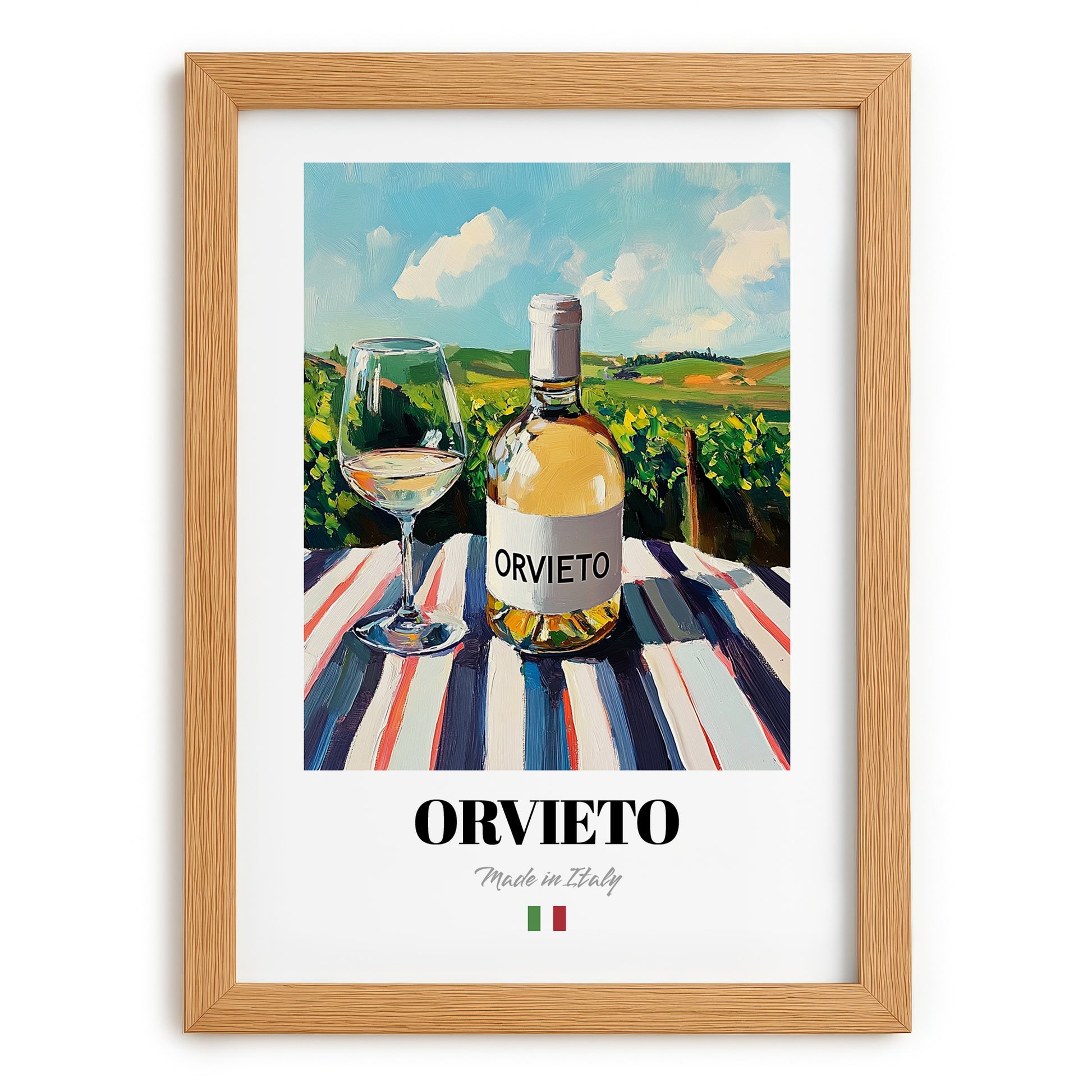 Orvieto – Italian White Wine, Wine Bar Illustration, set in oak frame